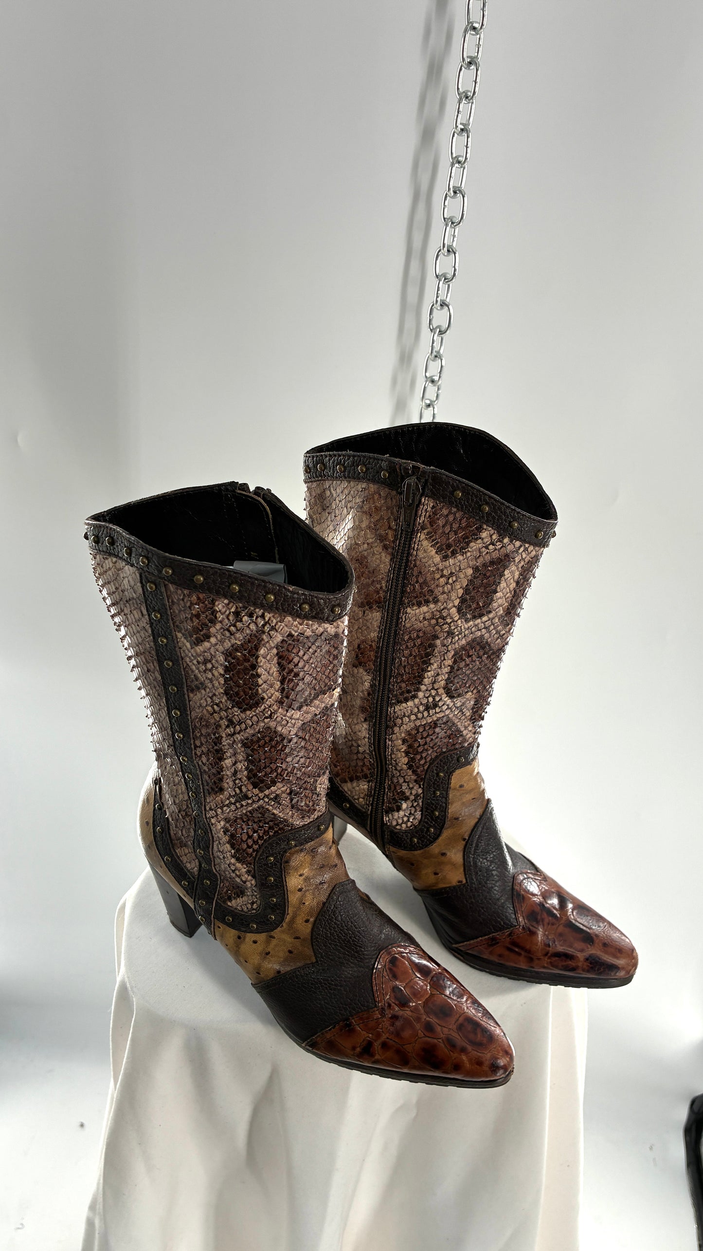 Vintage STUART WEITZMAN Stampede Boots Ft Snake, Crocodile and Ostrich Embossed Leather (8.5)