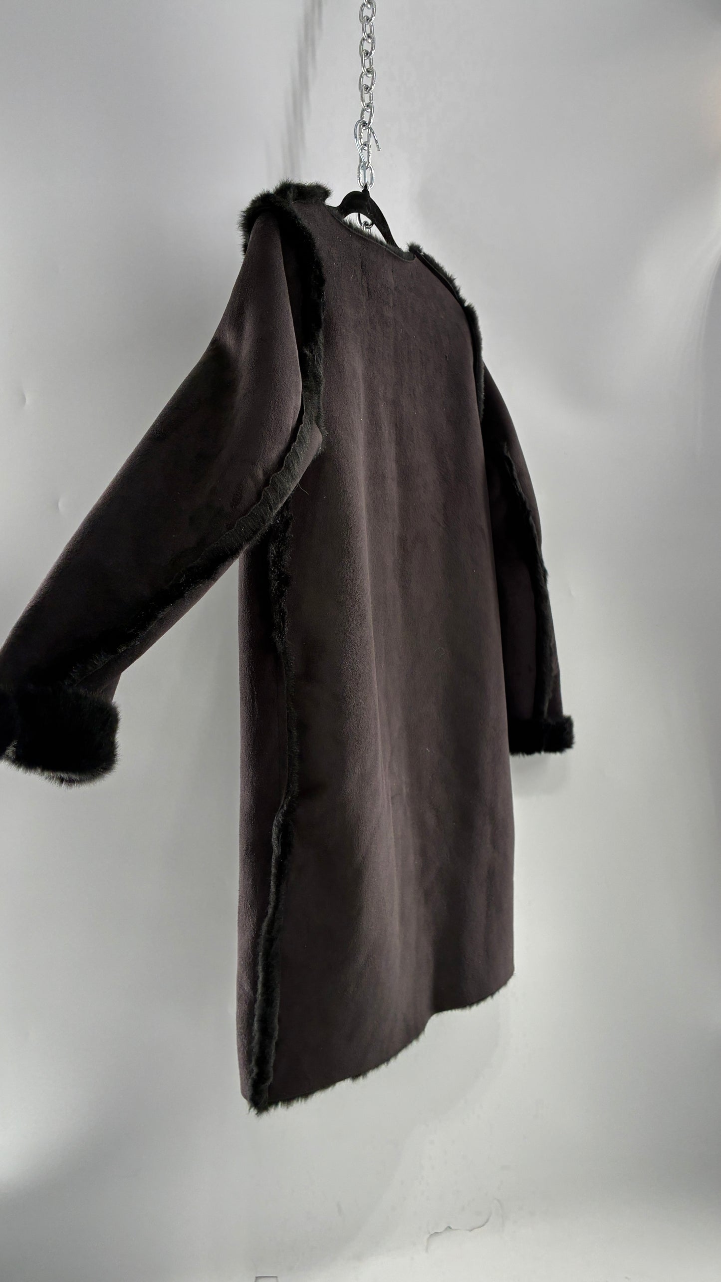Vintage H&M Black Faux Suede Coat with Faux Fur Piping (12)