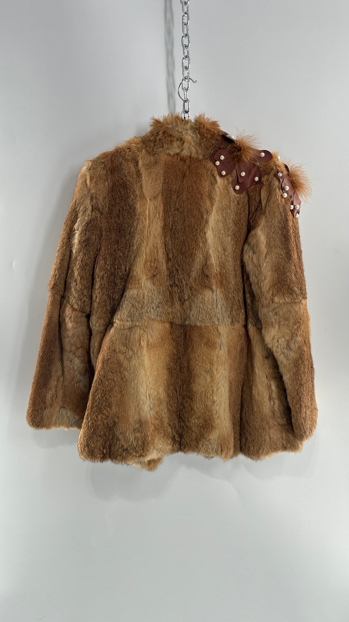 Vintage OPERA Montreal New York Genuine Fur Coat with Pearl Embellished Leather Flower Appliqués (Medium)