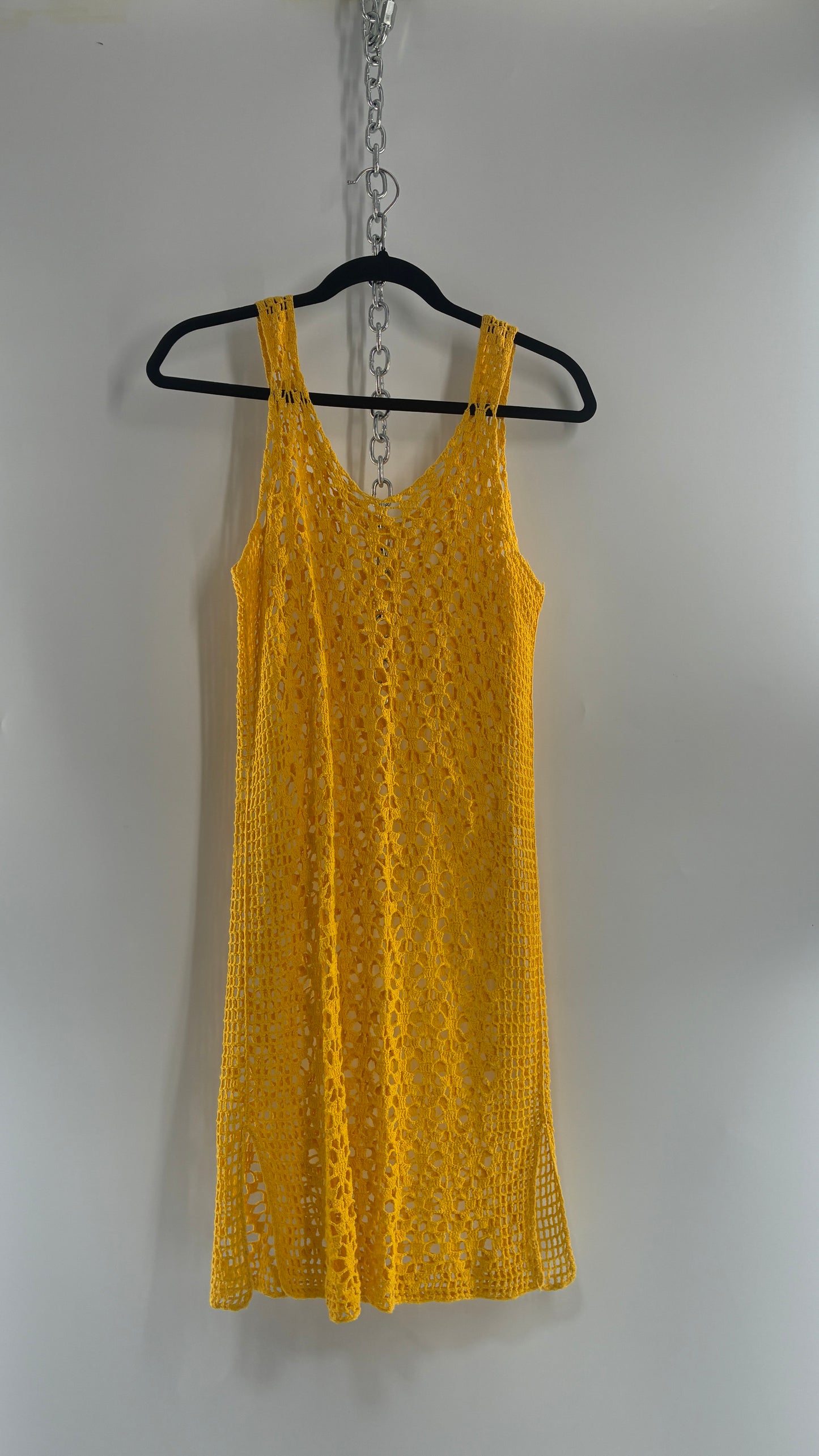 Vintage Brazilian Hand Knit Yellow Crochet Mini Dress (S/M)