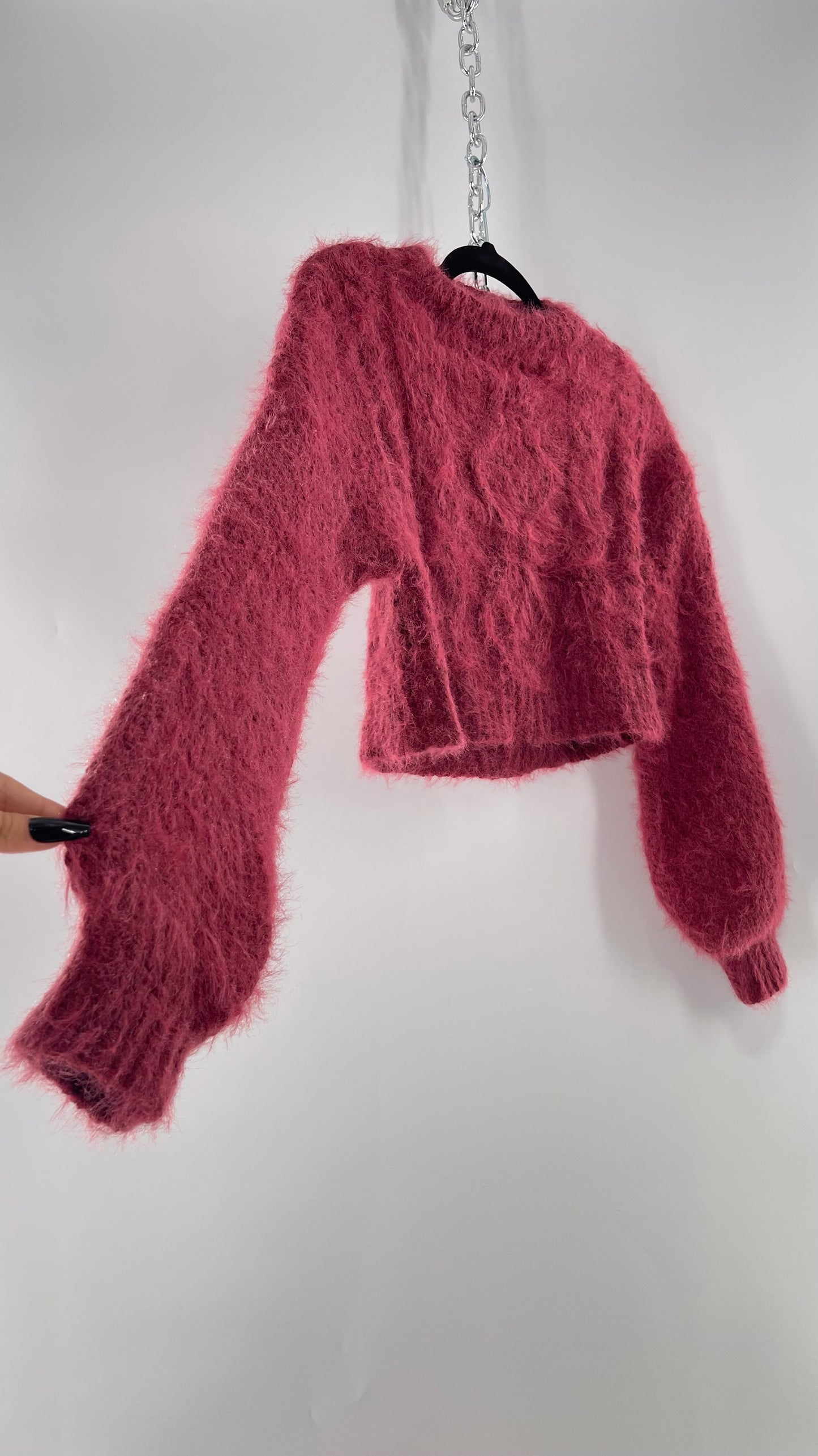 Urban Outfitters Mauve Pink Fuzzy Cropped Sweater with Bubble Sleeves (XS)