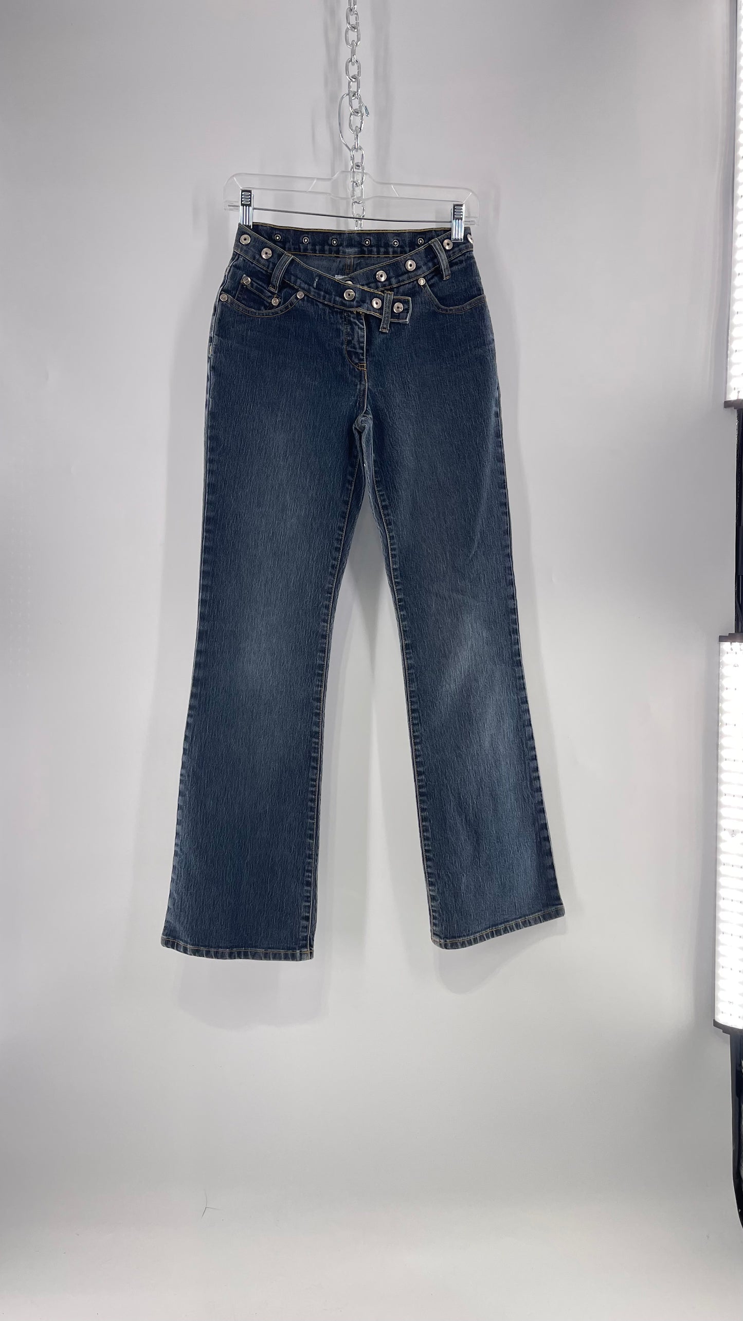 Vintage No Boundaries Grayed Jean Kickflares with Silver Metal Studded Waistline (3)