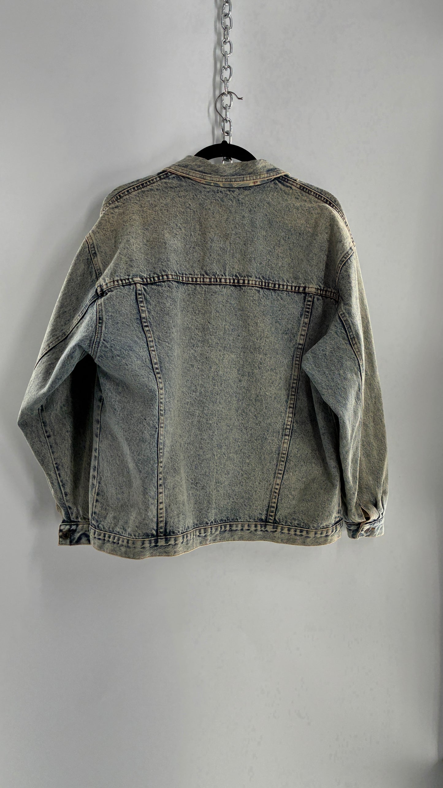 Vintage American Pacific Acid Wash Denim Jacket with Floral Patterned Cuffs (Large)