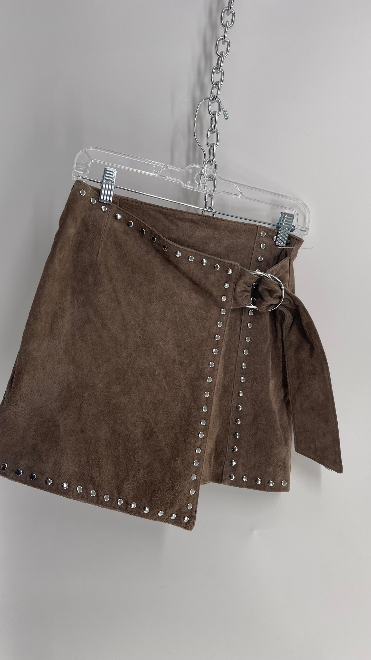 Vintage Studded Taupe Genuine Suede Leather Mini Skirt with Buckle Side Closure (Small)