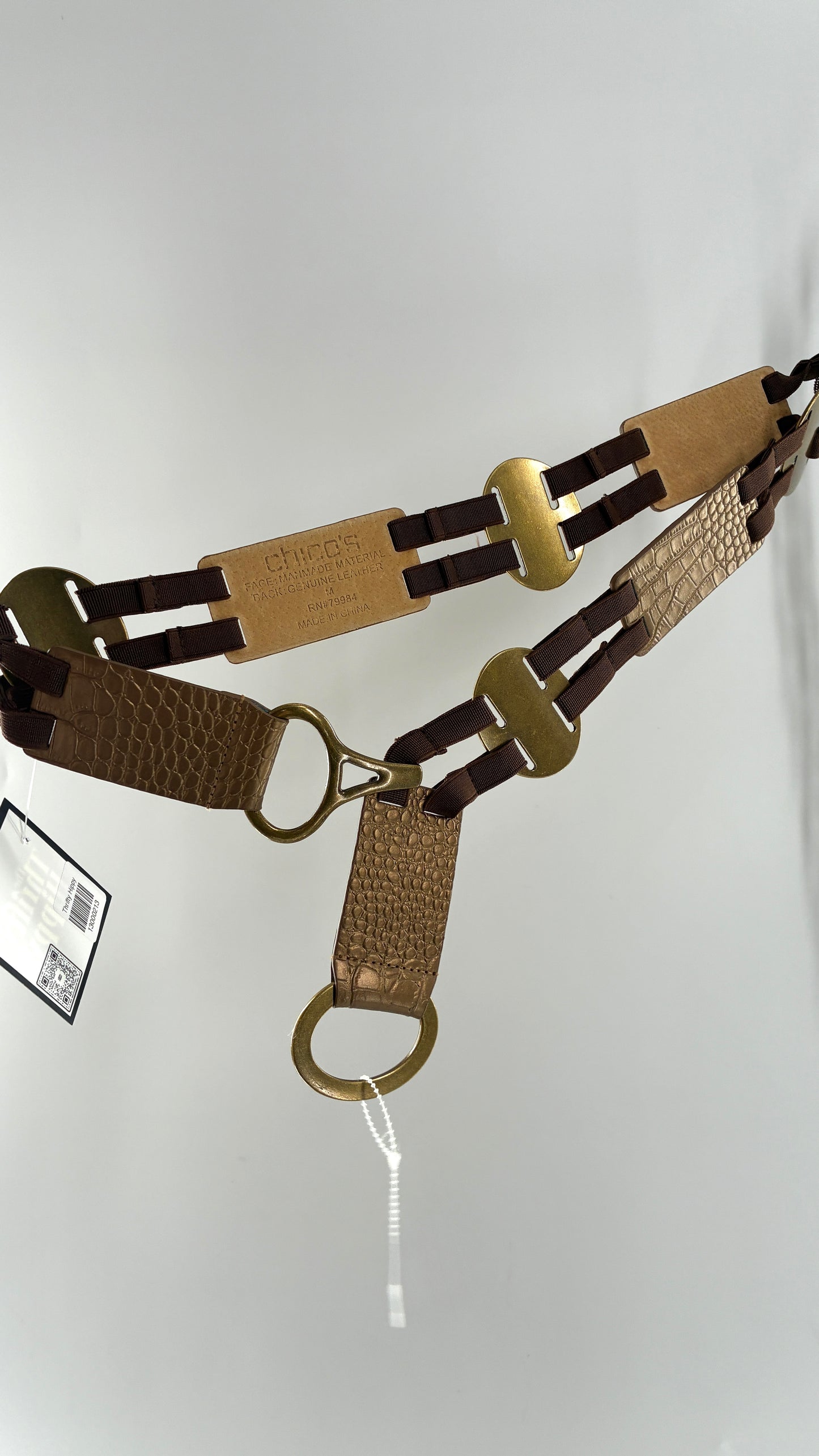 Vintage CHICO’s Bronze Embossed Leather and Metal Ring Belt (Medium)