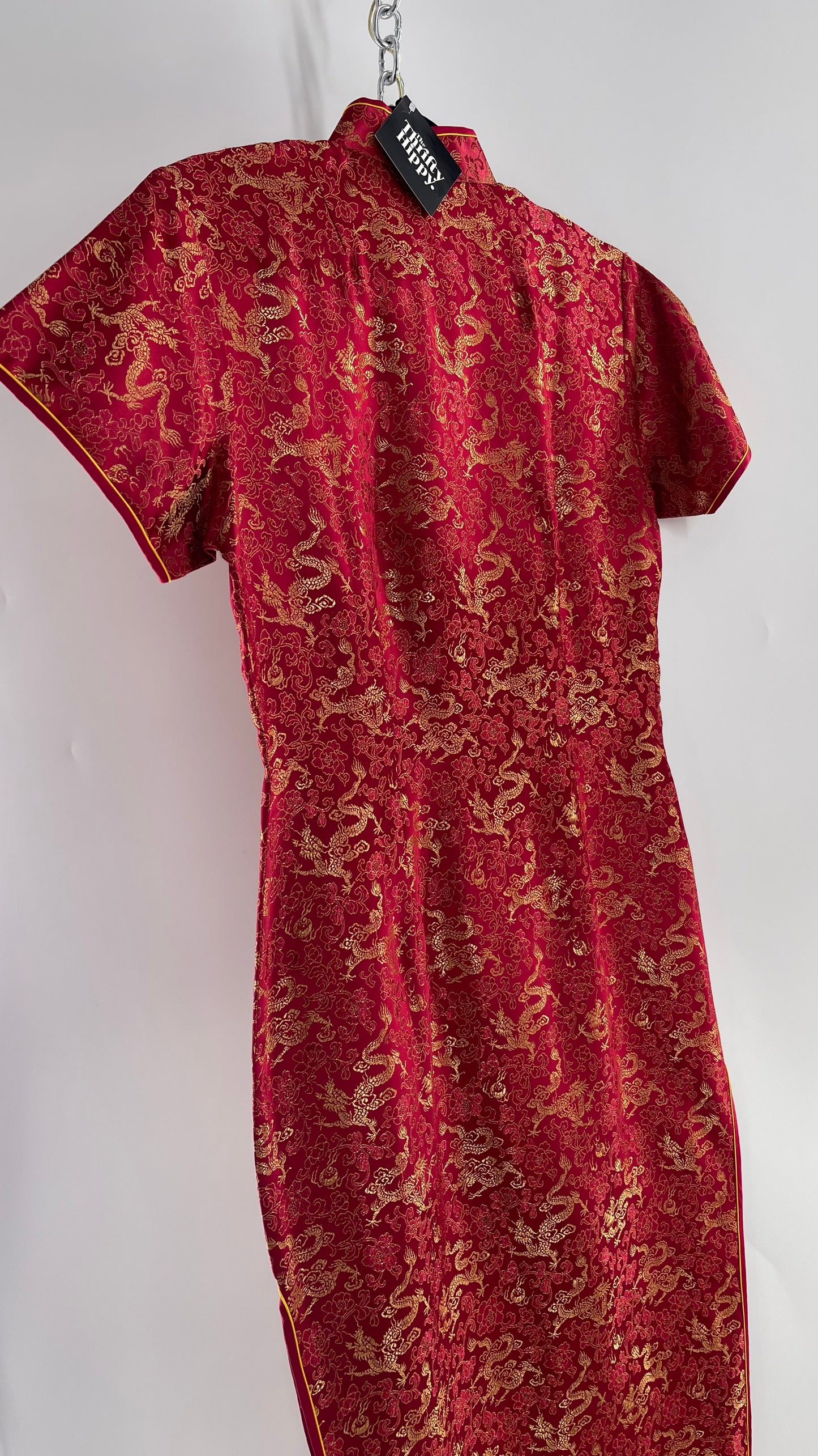 Vintage 1980s Chinese Red Silk Dragon Motif Printed/Embroidered Qipao (XL)