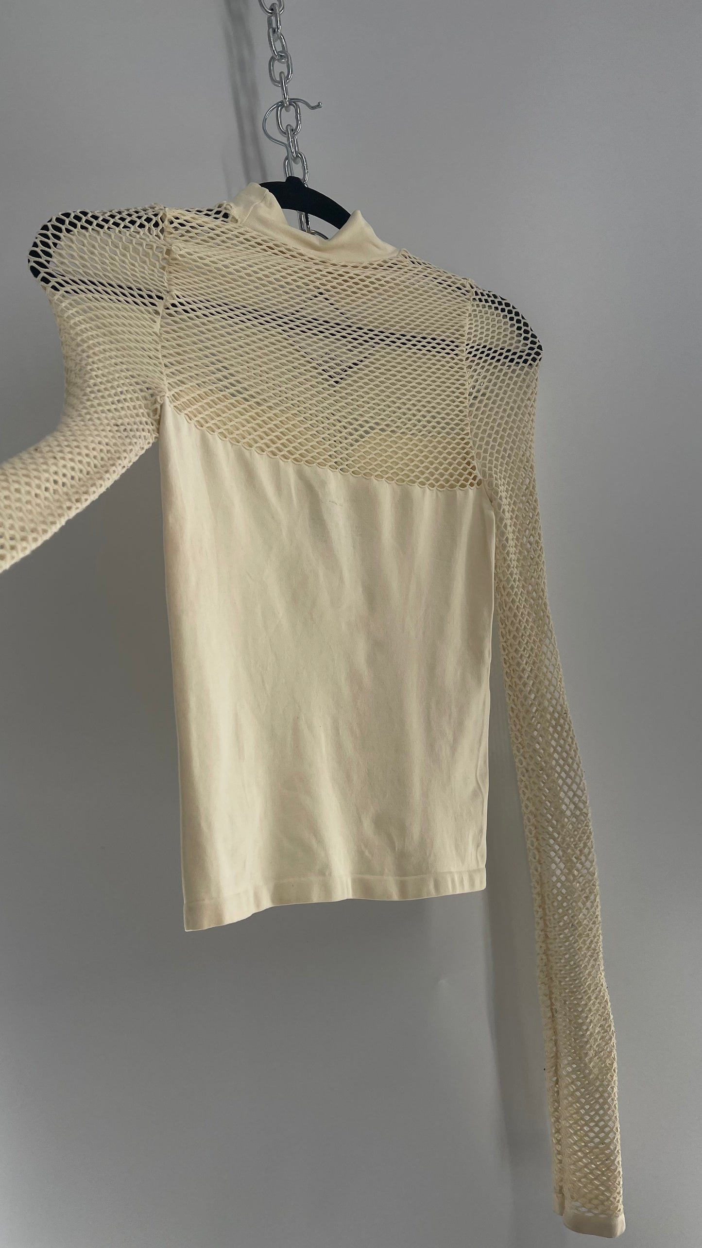 Intimately Free People Worn Off White/Cream Fishnet Sleeve and Bust Stretchy Turtle Neck (XS/S)