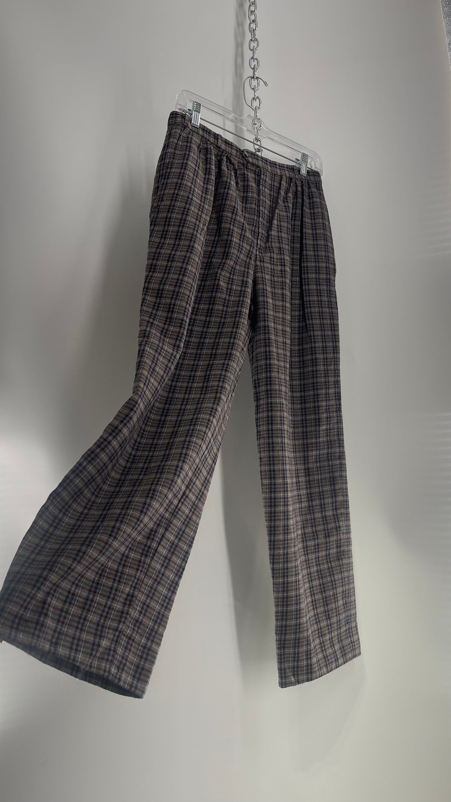 Vintage 100% Wool Gray Muted Tones Plaid Pleated Baggy Trousers (2)