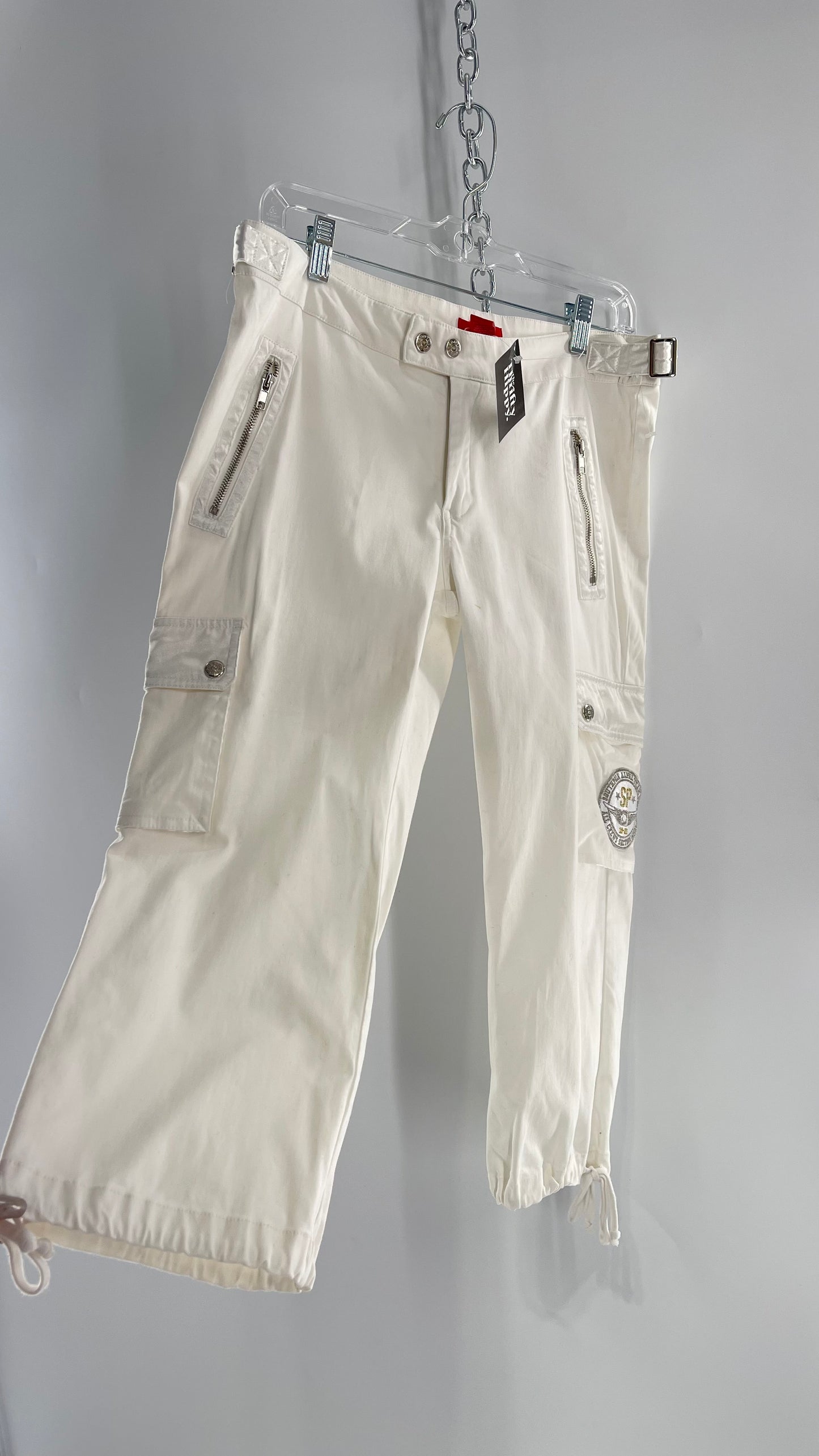 Vintage 1990s South Pole White Capri with Zippers, Silver Hardware, Satin Detailing and Patches (9)