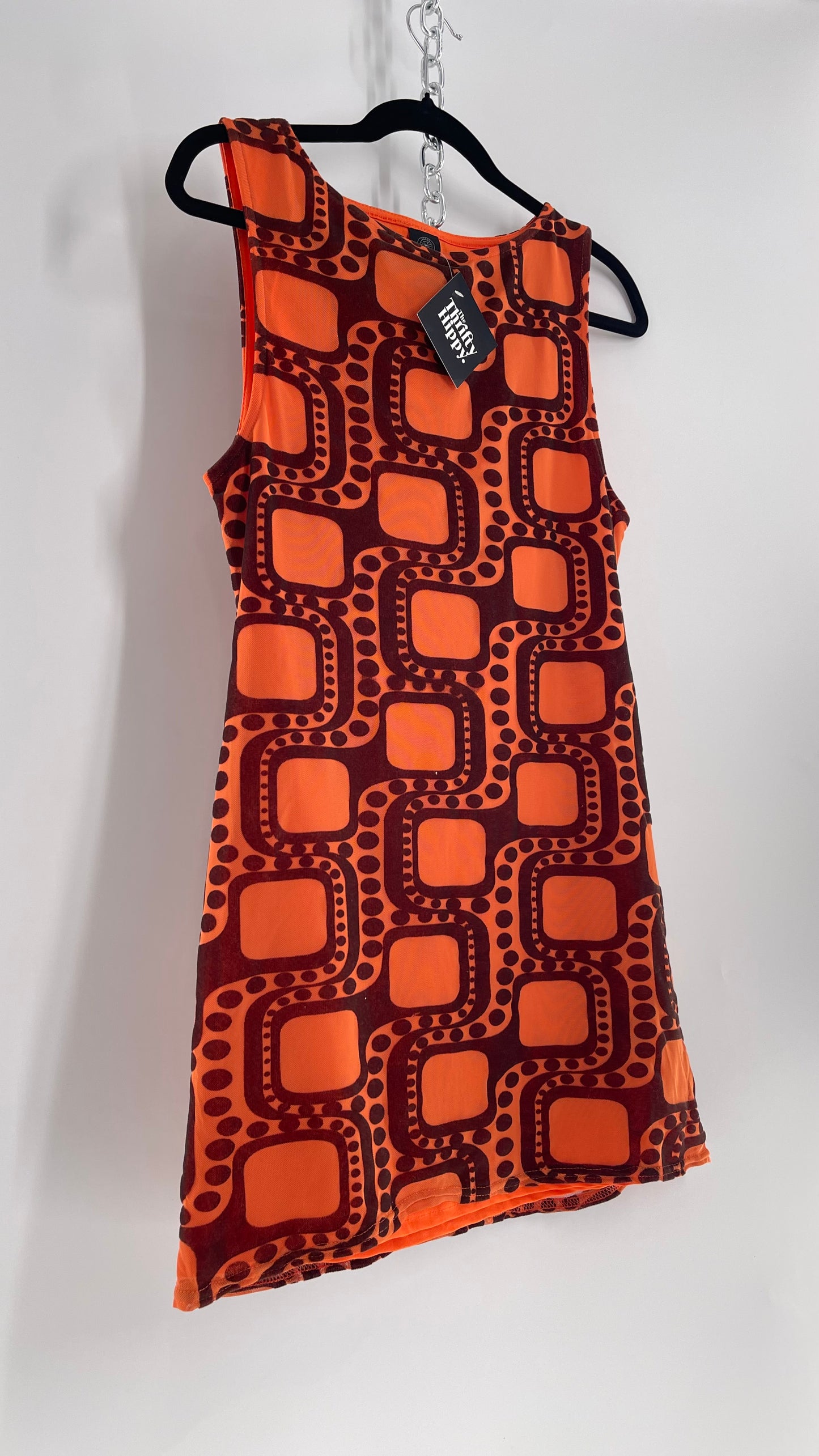 Urban Outfitters Orange Retro Patterned Tunic Dress with Brown Velvet 1970s Print  (Large)