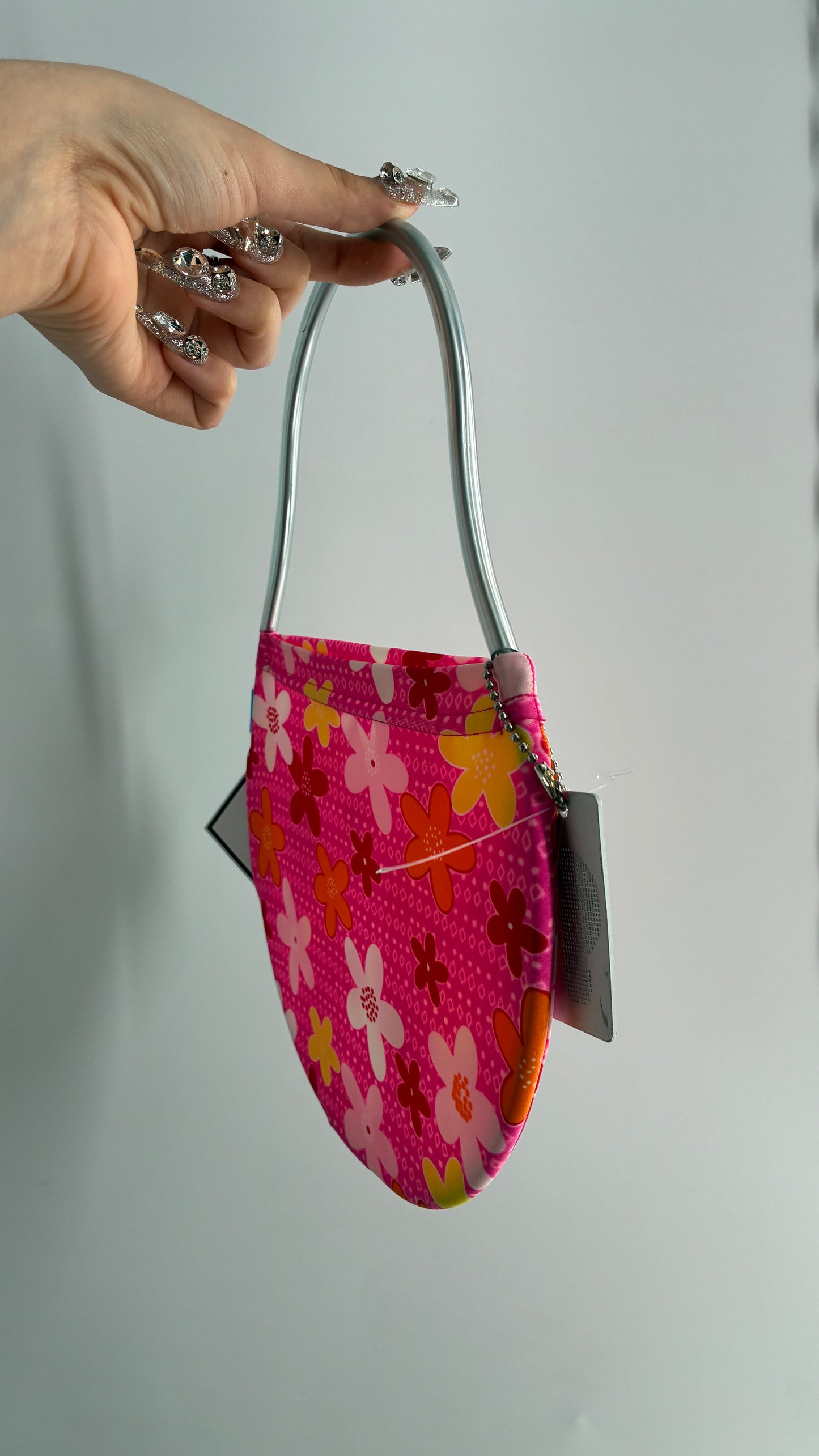 VALDESIGN Half Circle Pink Floral 2D Hand Bag with Metal Abstract Handbag