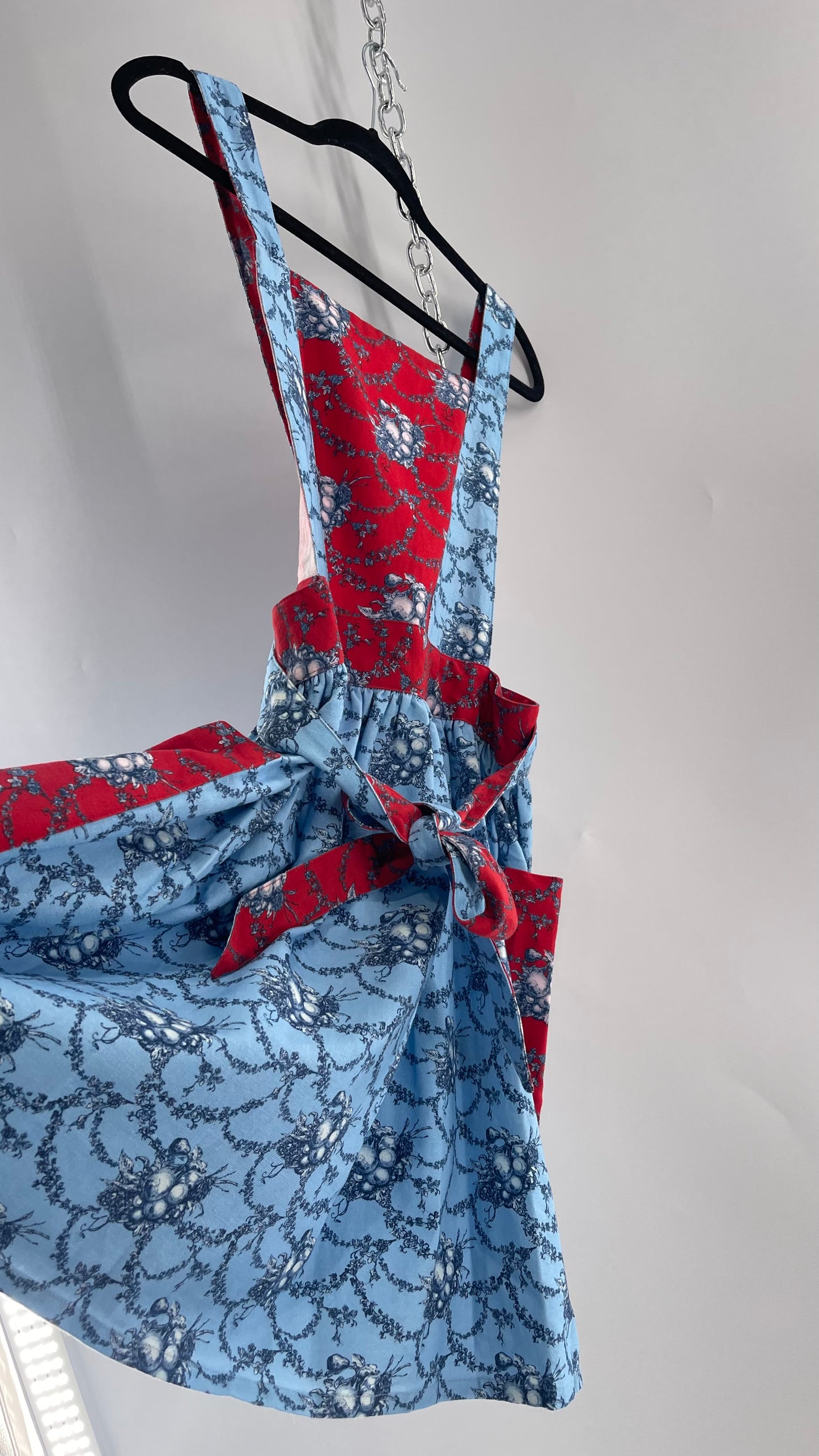 Vintage Apron Red and Baby Blue Floral/Citrus Patterned Mini Dress with Tie Around Bow (S\M)