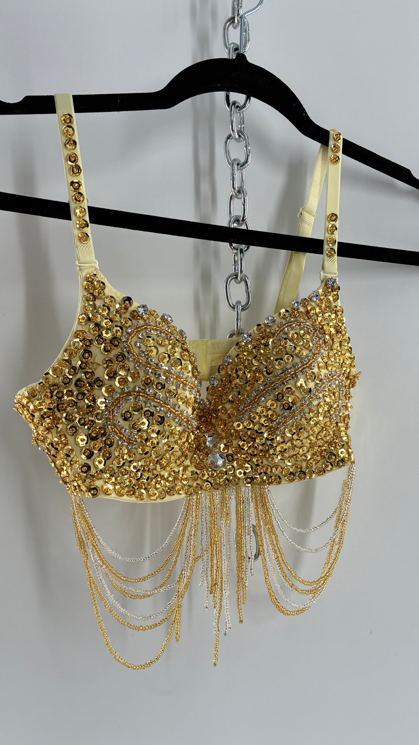 Vintage Gold Sequin Bra with Beaded Draping and Crystal Lining (34)