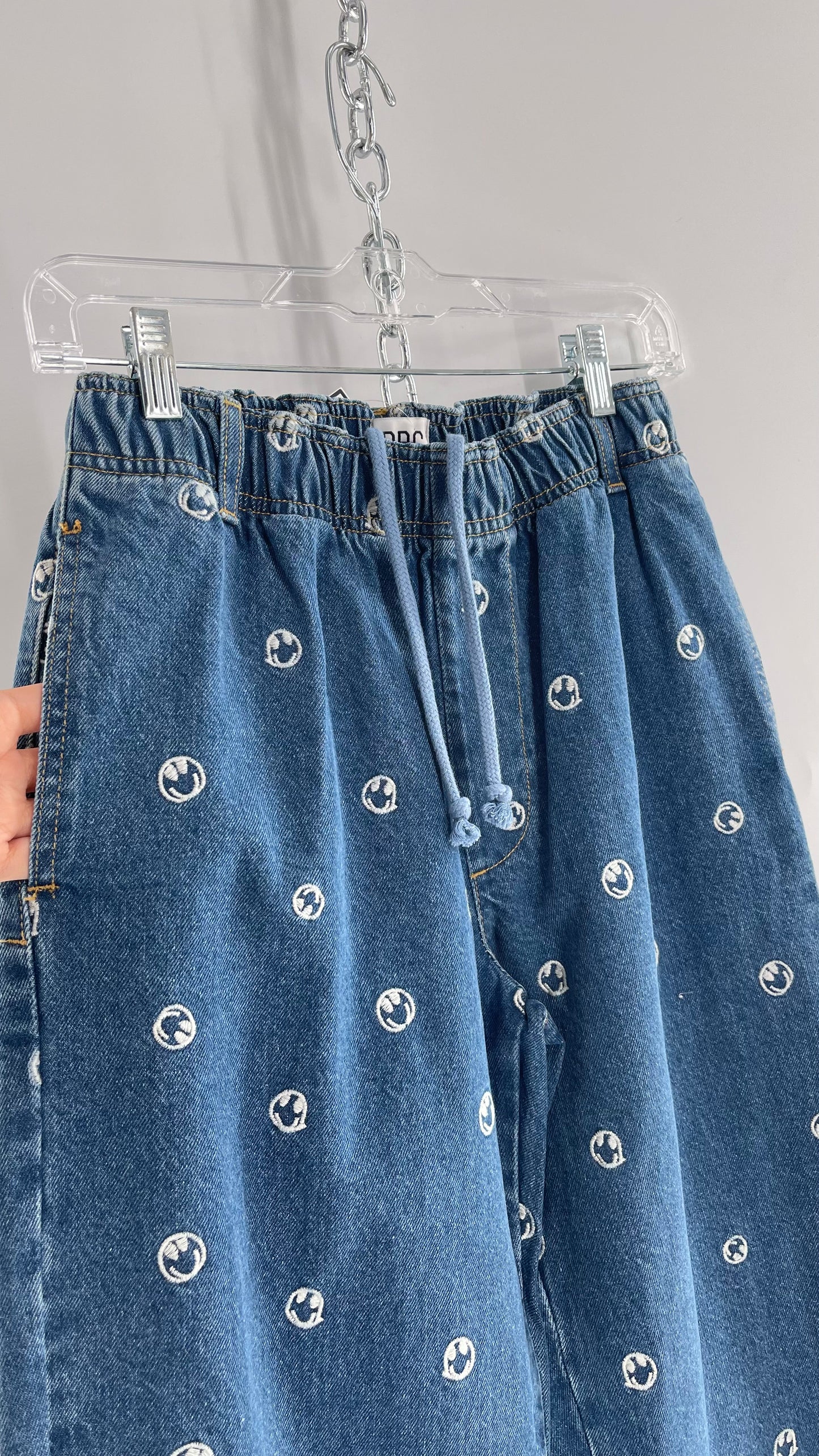 BDG Smiley Face Embroidered Baggy Wide Leg Medium Wash Jeans (Small)