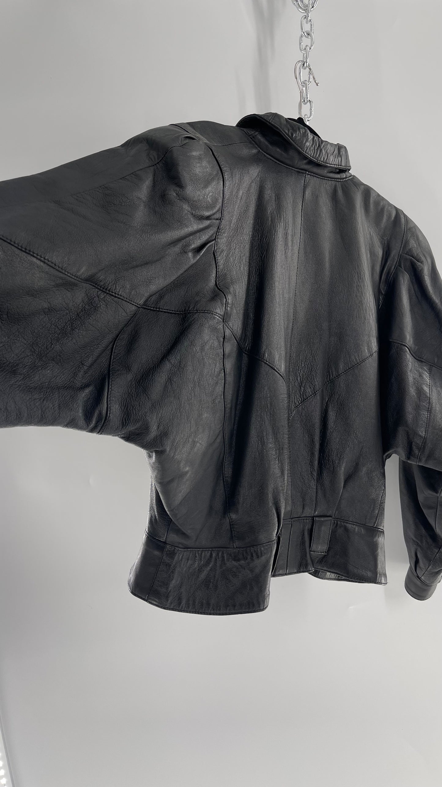 Vintage Black Leather Cropped Motorcycle Jacket (Medium)