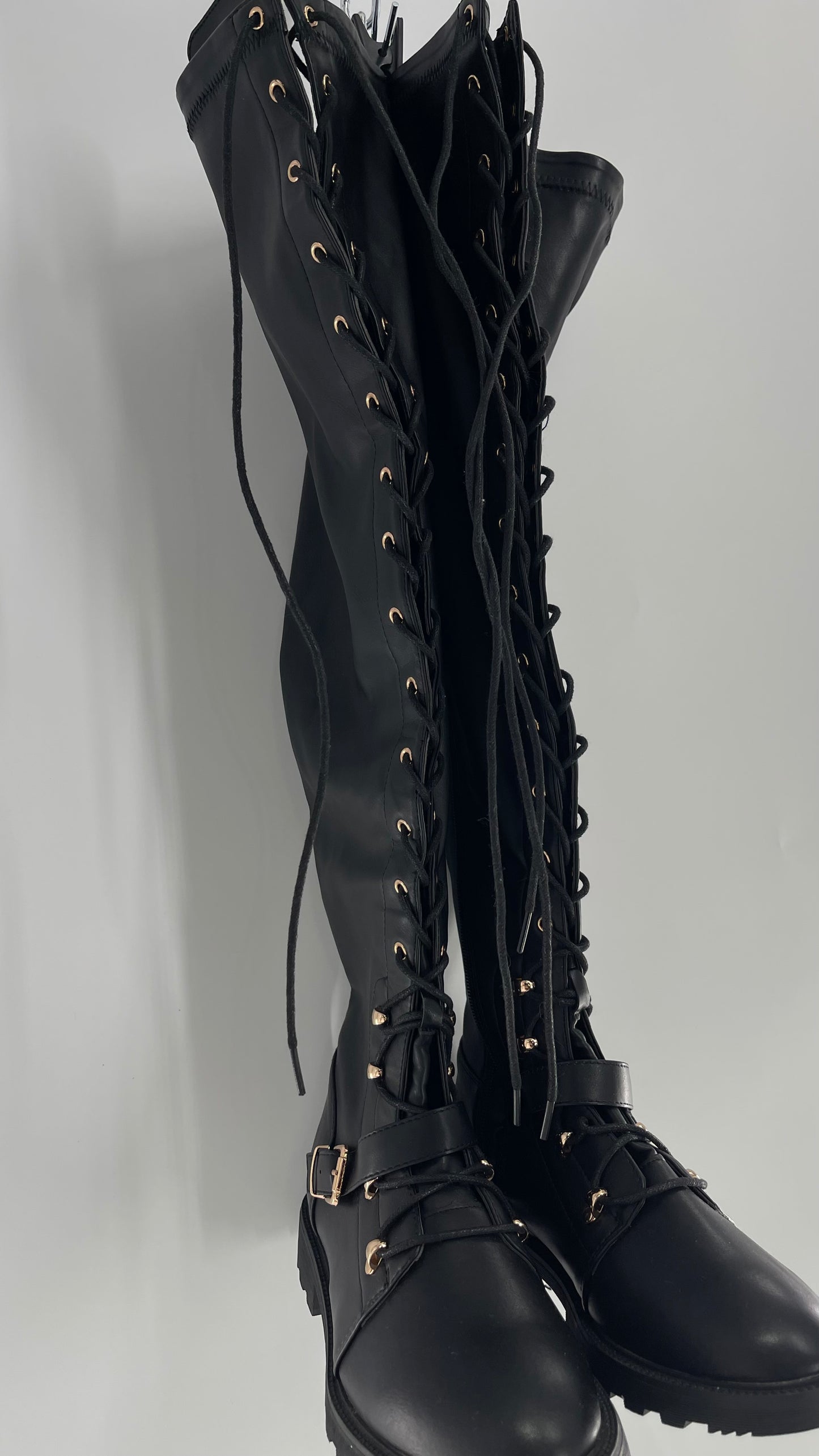 Shoedazzle Black Tall Boots with Gold Hardware (7)