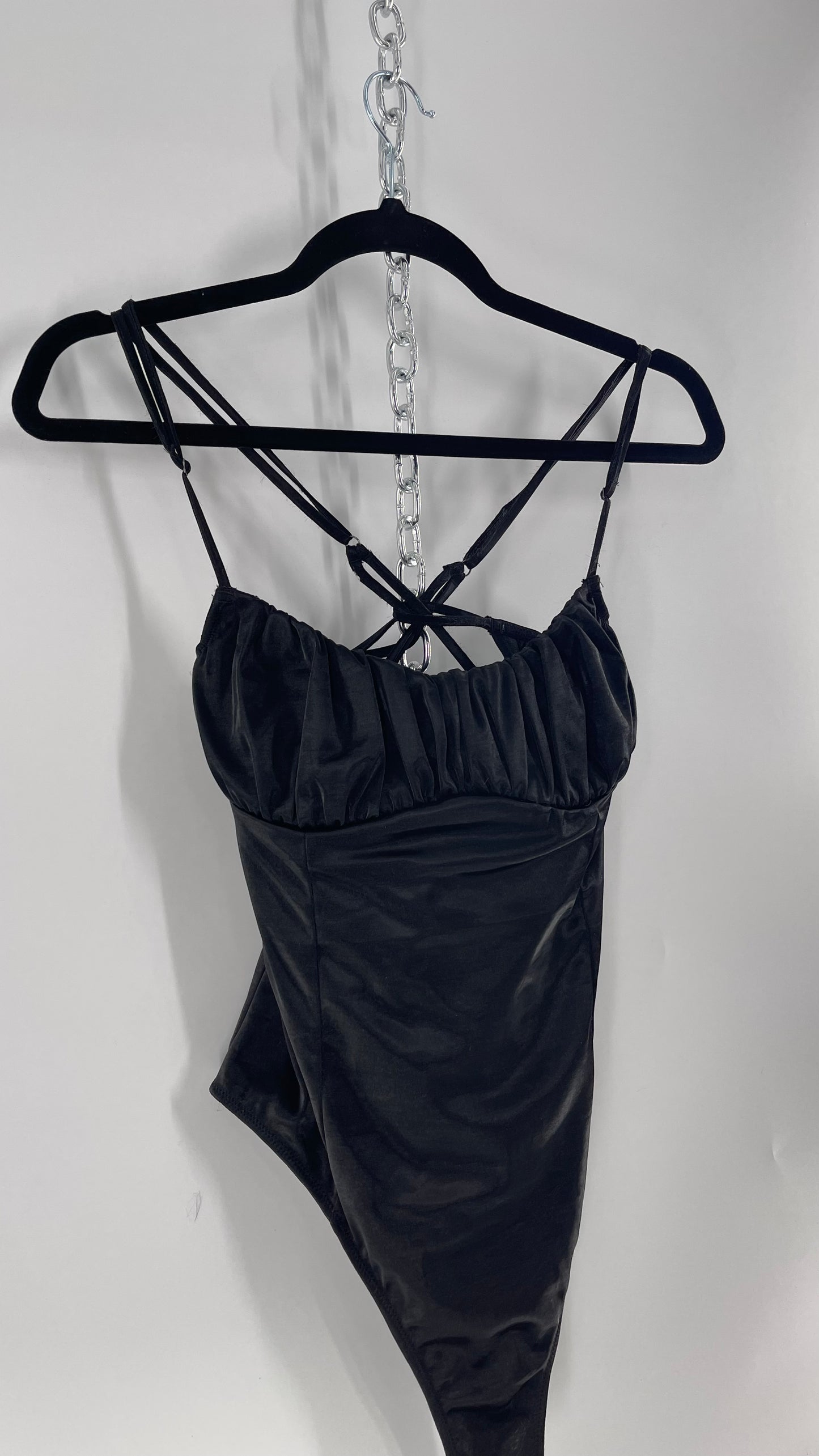 Out From Under Black Satin Bodysuit with Ruched Milkmaid Underwire Bust (Large)