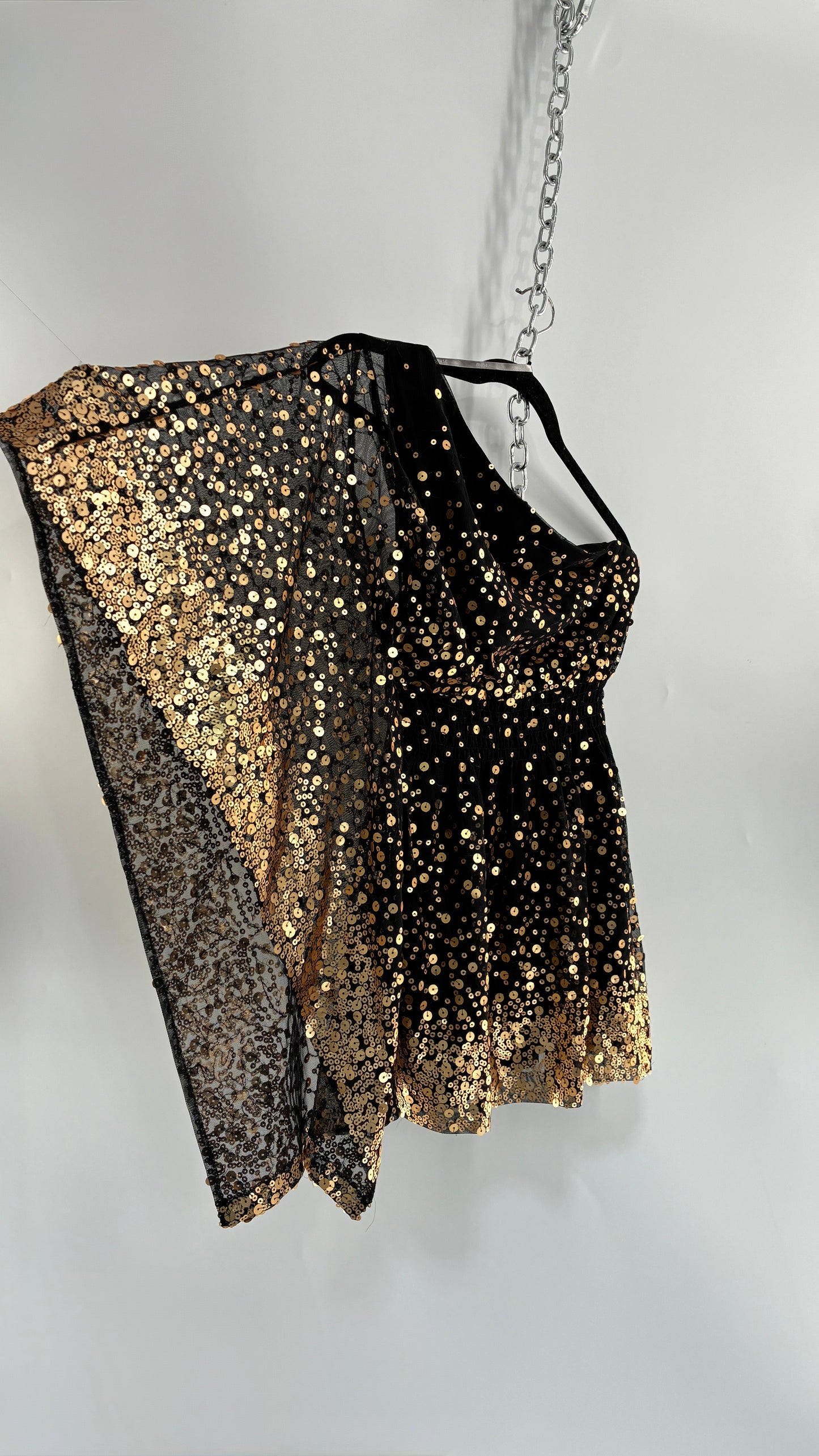 Vintage MUSE BOSTON PROPER Black One Shoulder Tube Dress with Ombre Gold Sequins (Medium)
