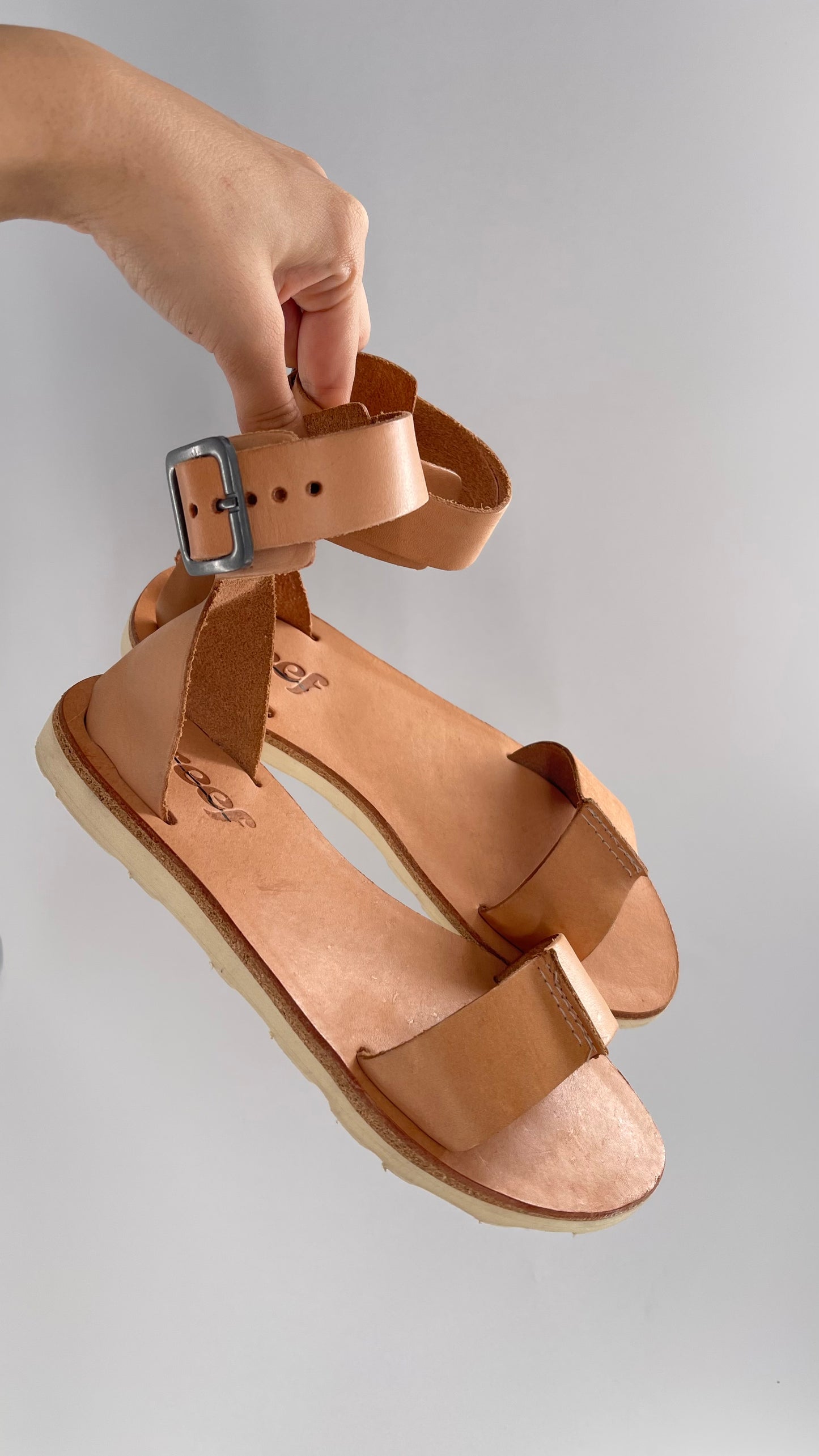 Free People Reef Light Nude / Tan Leather Sandals with Thick Ankle Strapped Buckle (6)