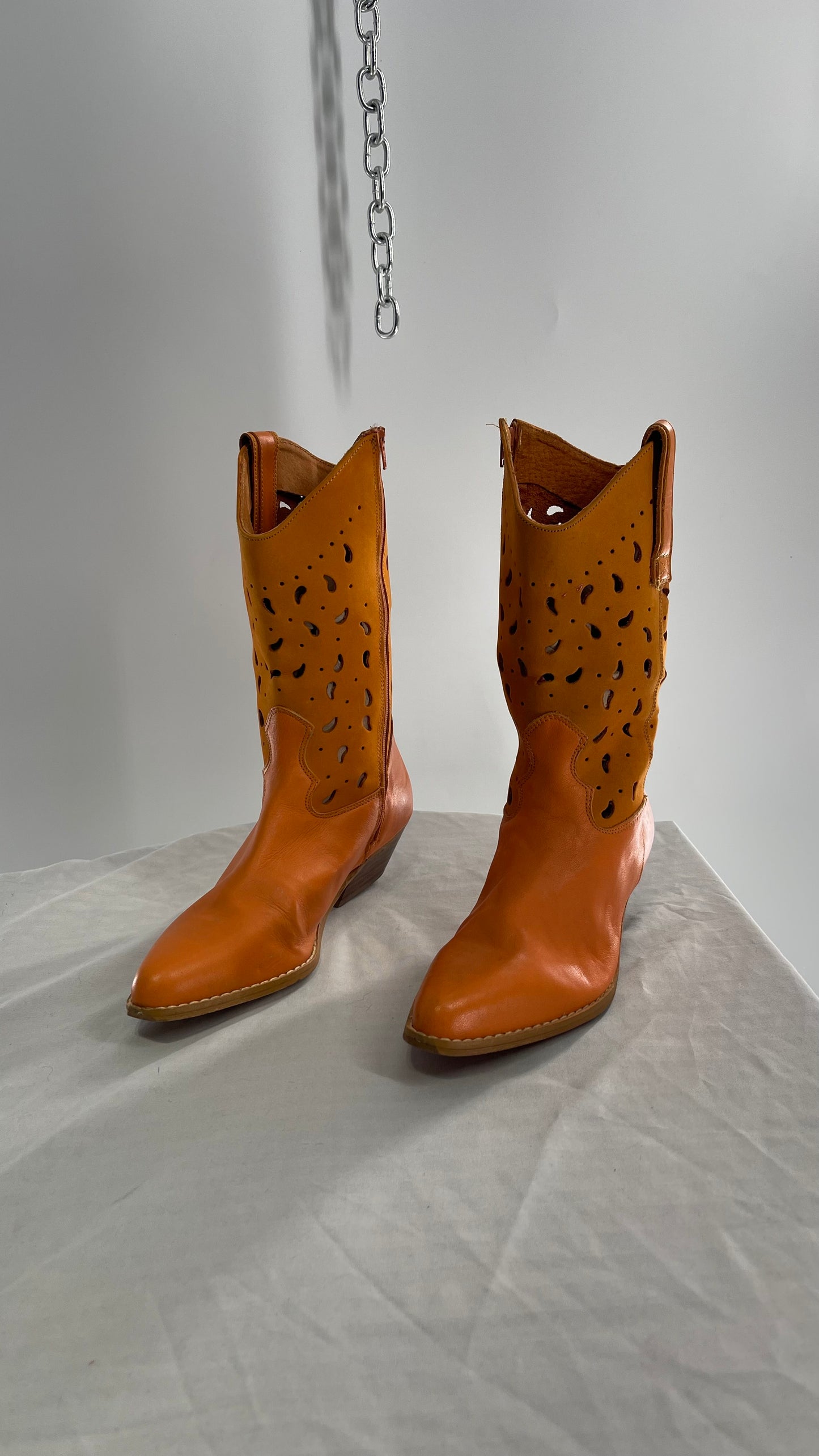 Vintage Santa Barbara Orange Leather Made in Spain Pointed Toe Cowboy Boots (8)