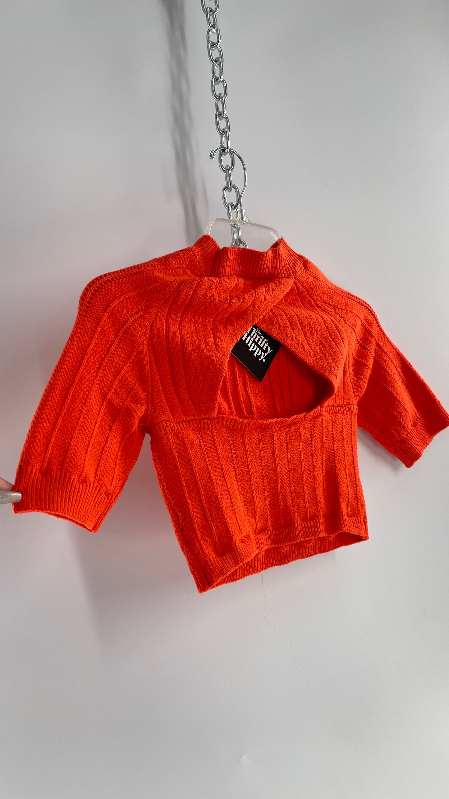 Free People Orange Knit Mock Neck Sweater with Keyhole Open Back (Small)