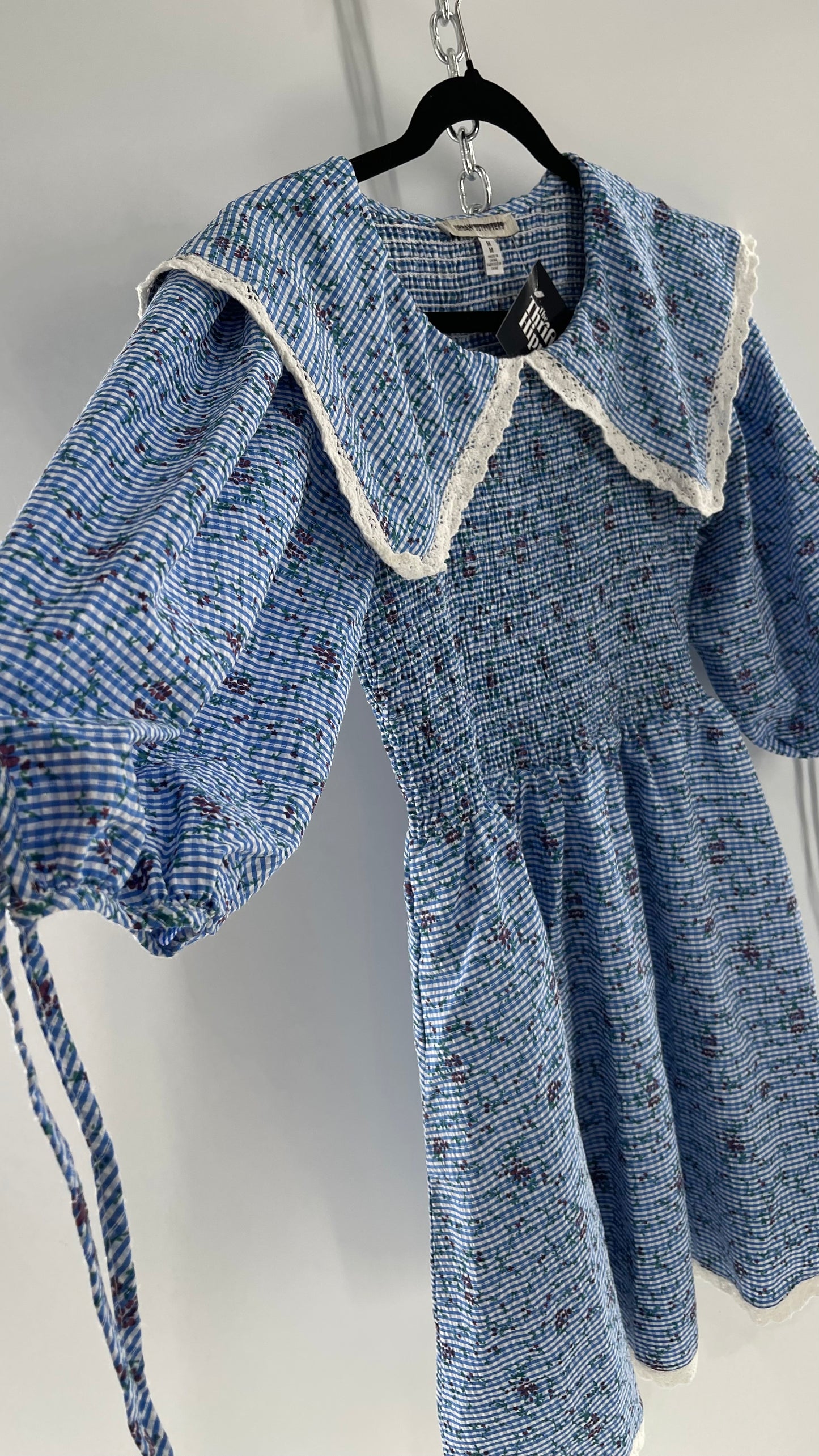 Urban Outfitters Blue Gingham Babydoll Dress with Lace Trim Collar and Smocked Bodice (Medium)