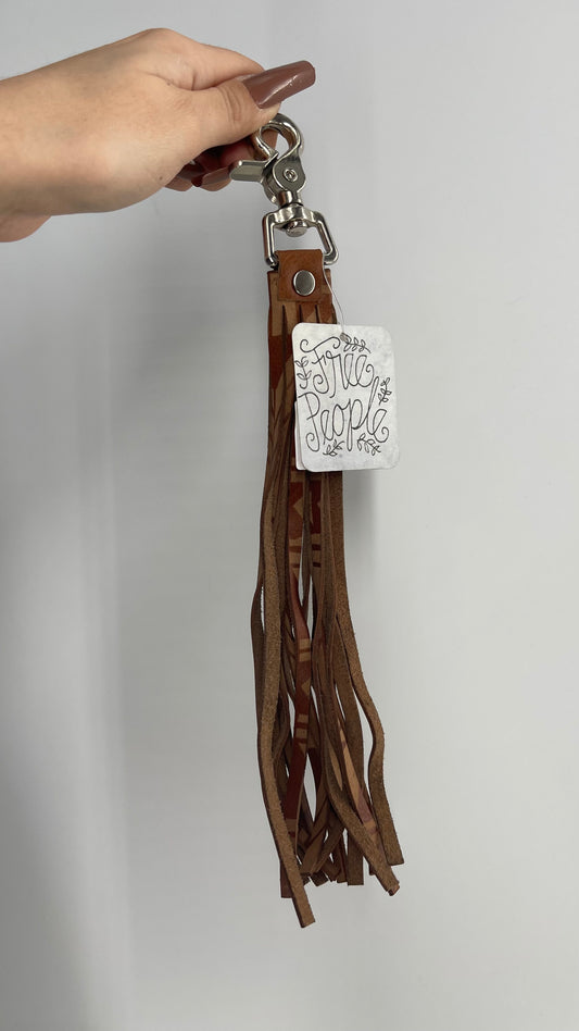 Free People Patterned Leather Tassel Keychain Ring with Tags Attached