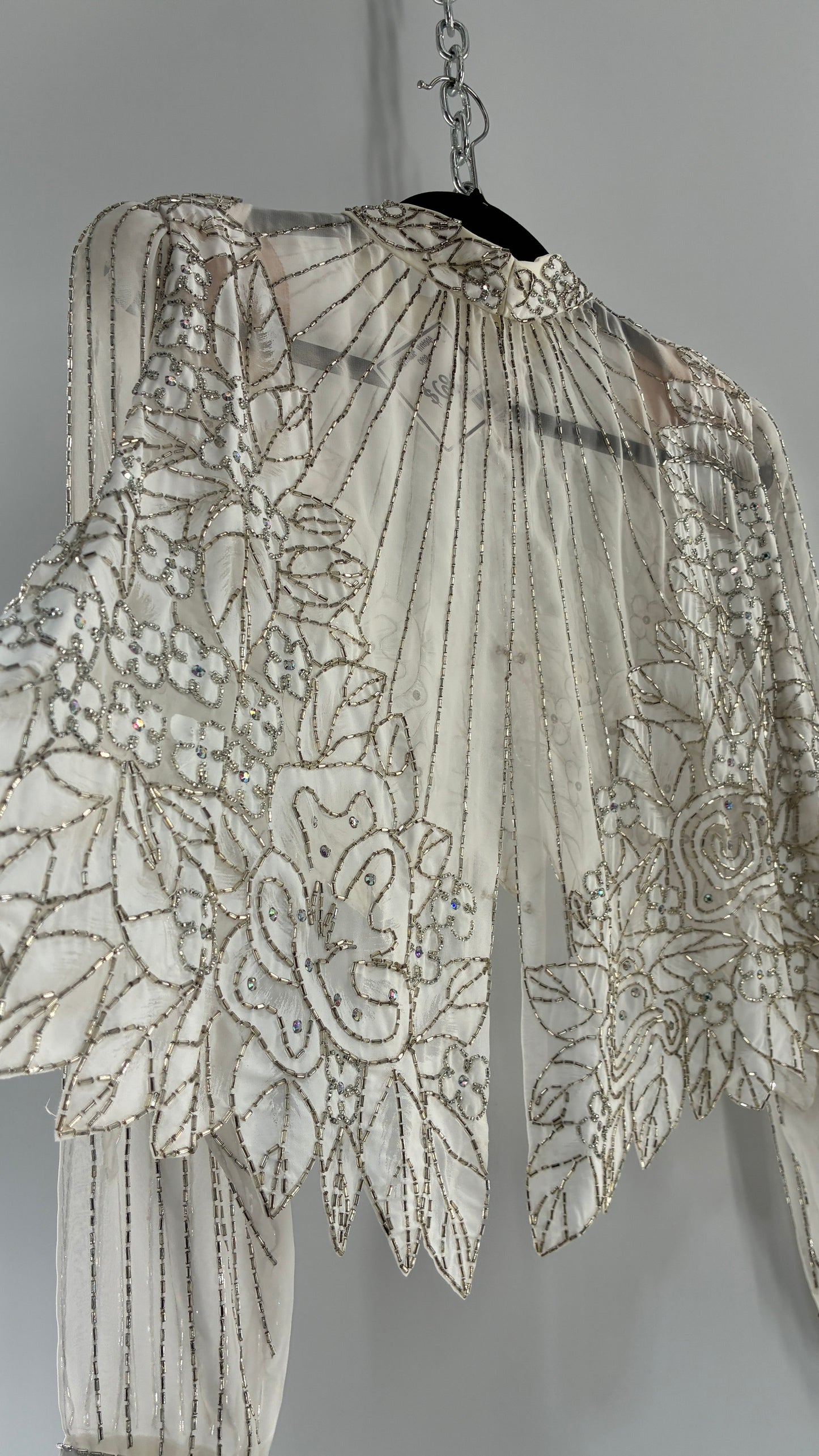 Vintage Sheer White Bridal Beaded Open Back Floral Blouse with High Neck (Medium)
