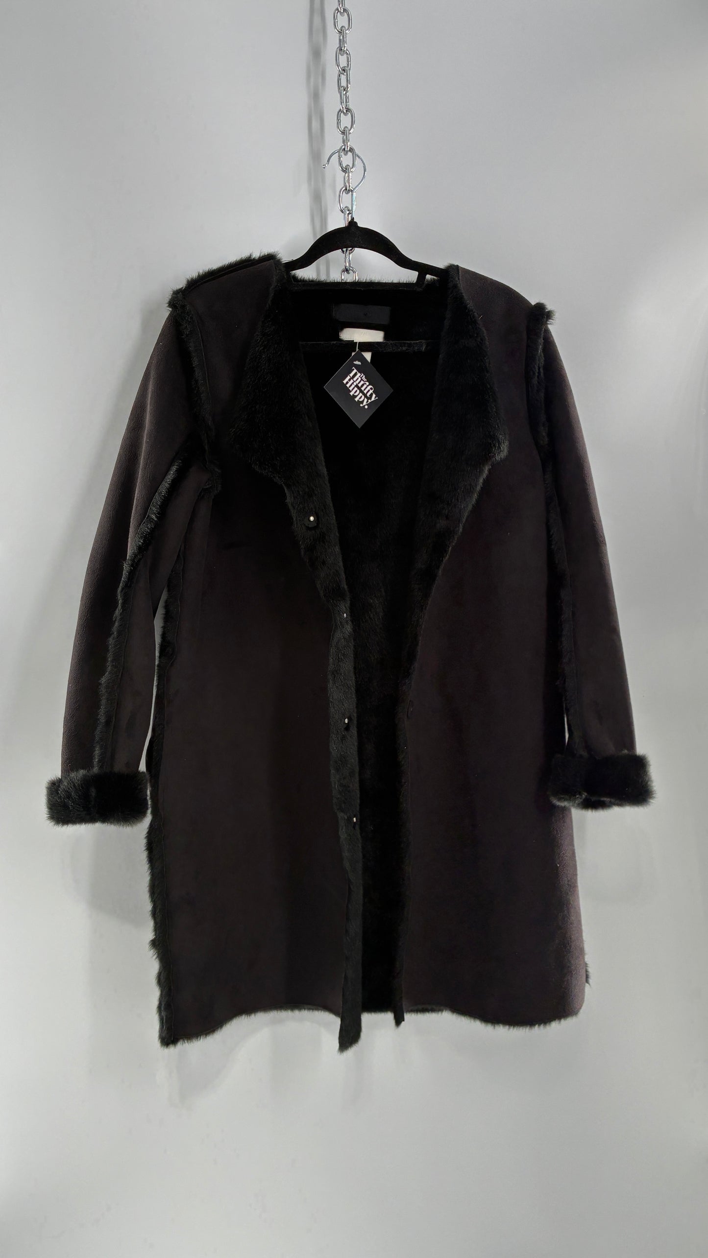 Vintage H&M Black Faux Suede Coat with Faux Fur Piping (12)