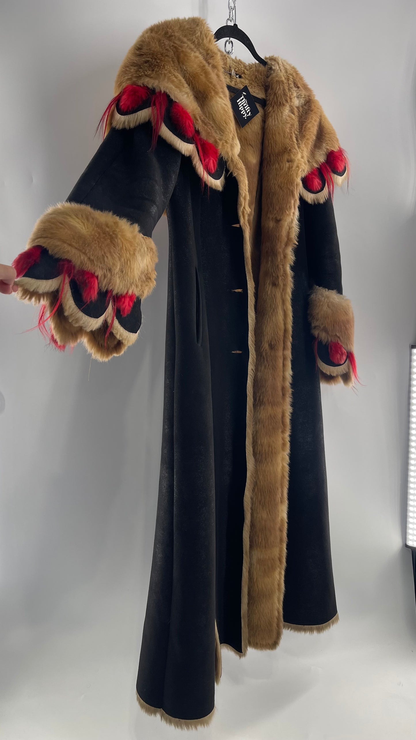 Vintage Russian Black Coat with Brown Fur Piping/Lining, Red Feathers, Scalloped Sleeve, and Hood (Medium)