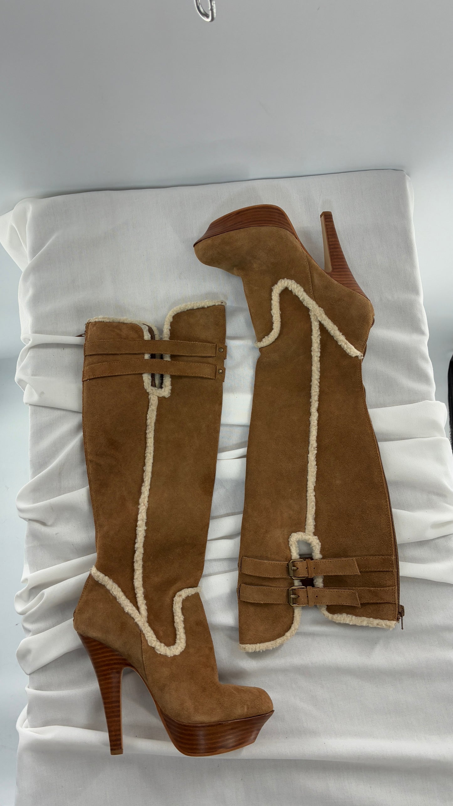 Vintage BEBE Genuine Suede Leather Stiletto, Platform Knee High Boots with Shearling Piping (8B)