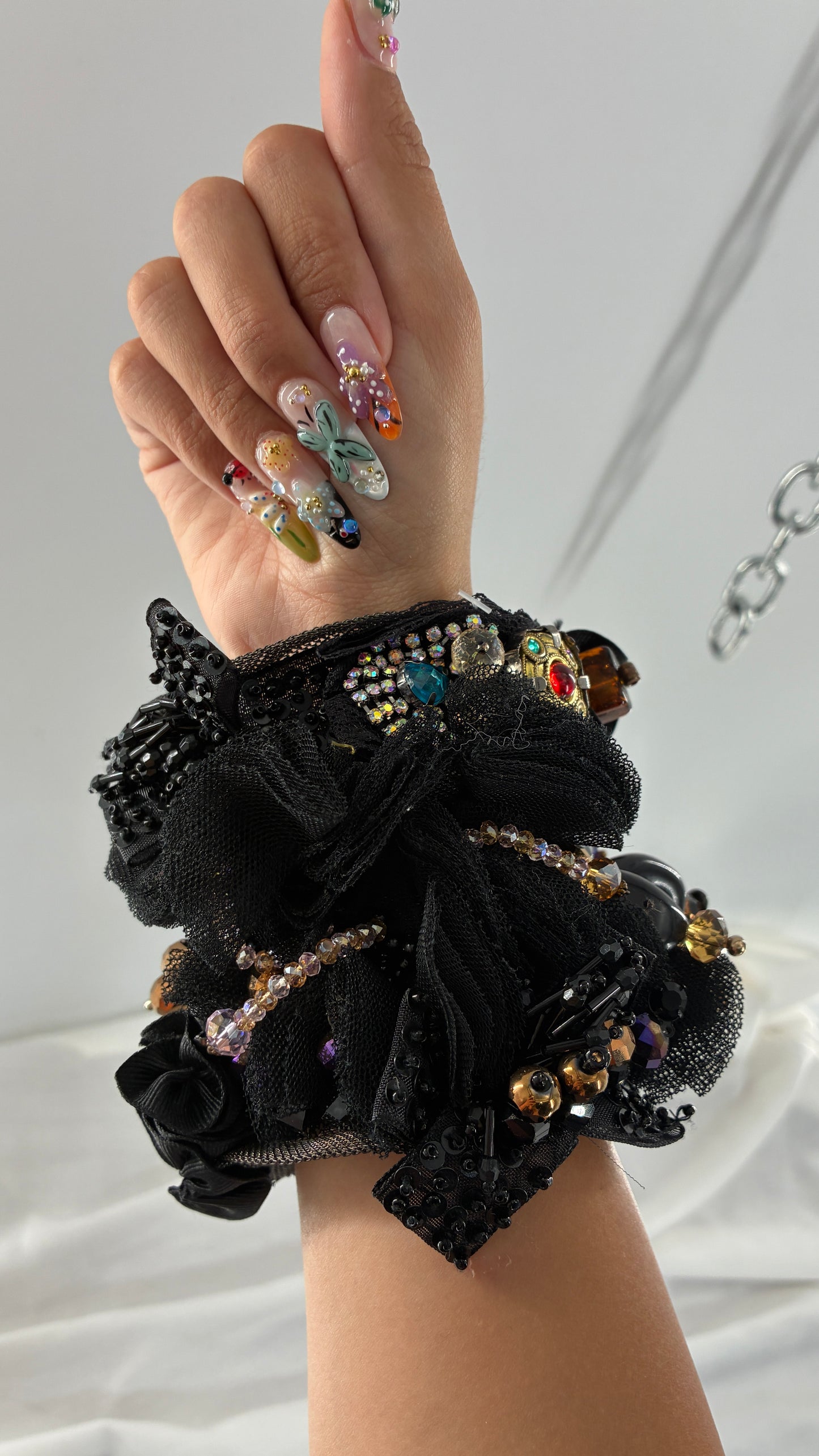 Vintage Black Tulle Jeweled Maximalist Statement Cuff Bracelet
