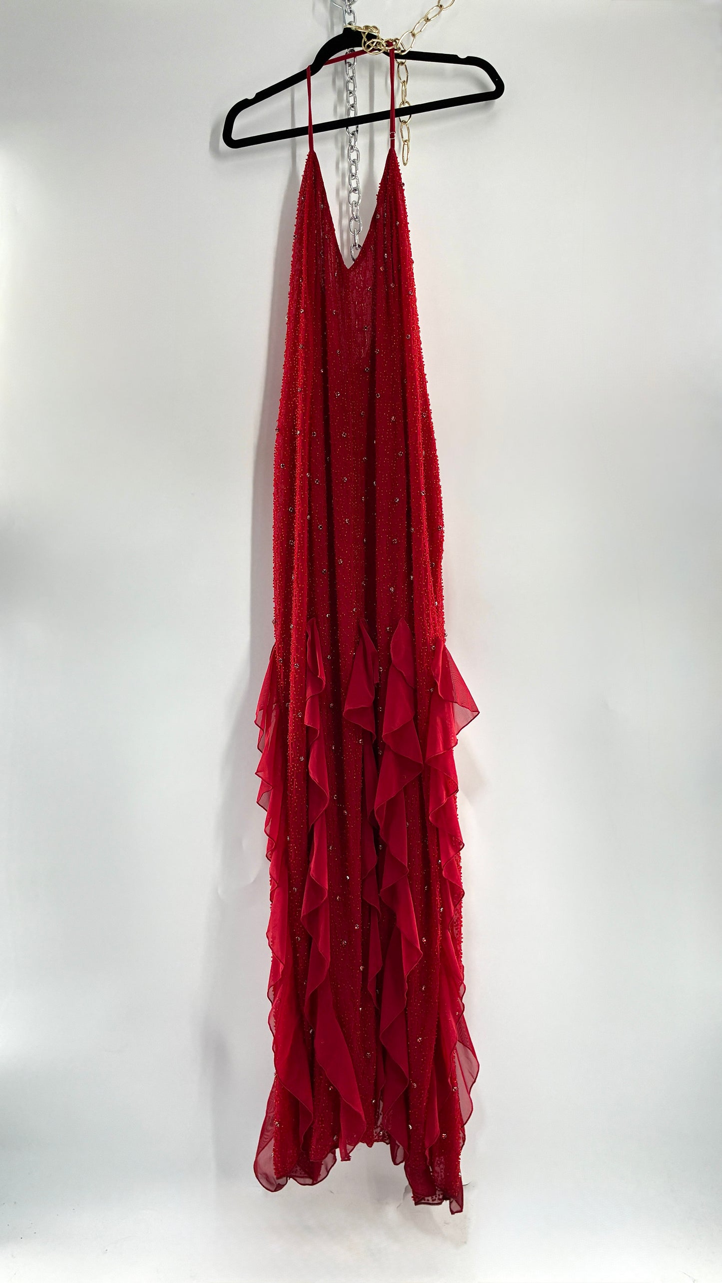 OH POLLY Red Beaded Gown with Ruffled Detailing NWOT (14)