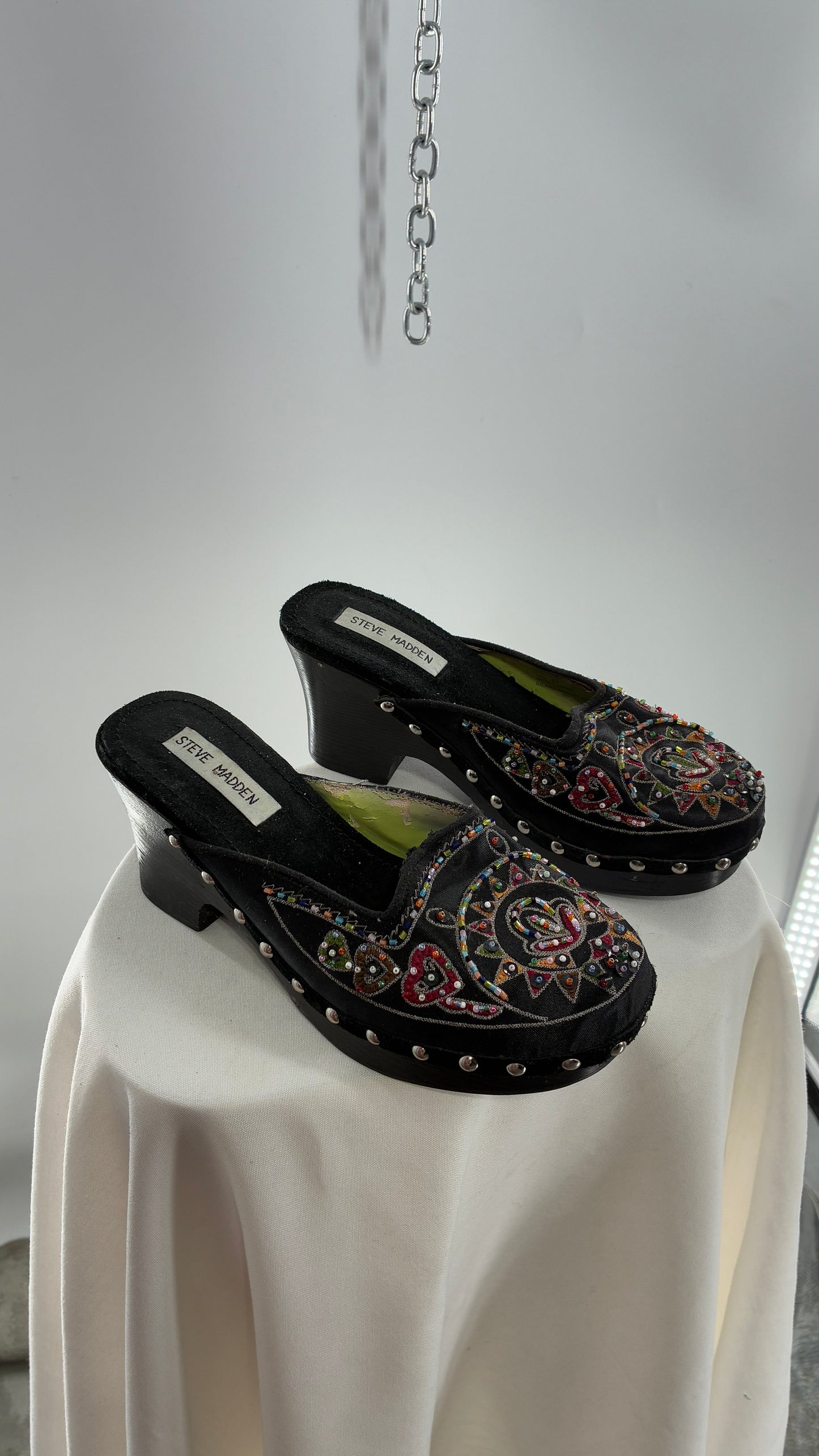 Vintage 1990s STEVE MADDEN Black Wooden Heel Clogs with Embroidered and Beaded Design (7.5)