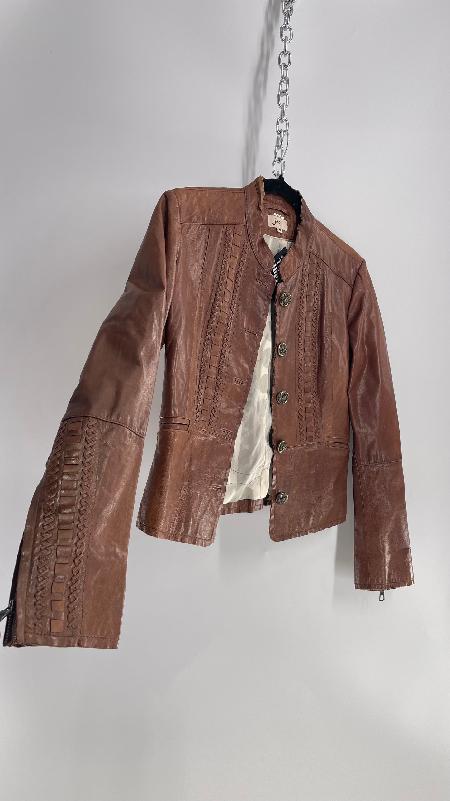 Vintage 1990s June Brown Leather Jacket with Braided Details and Zippered Cuffs (Medium)