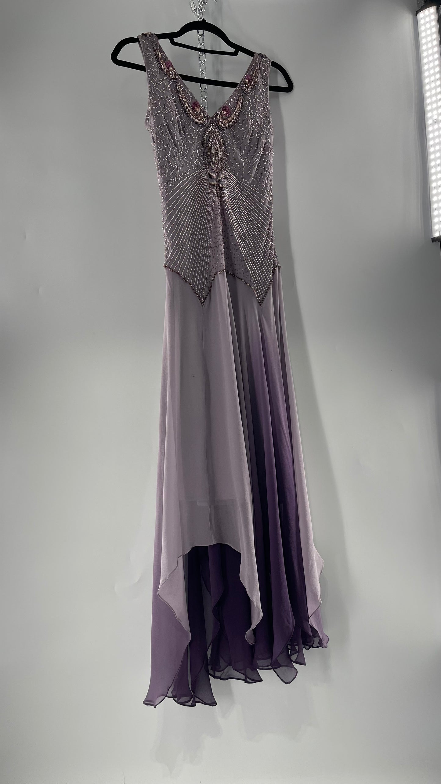 Terani Couture Silk Ombré Lilac Purple Gown with Multi Shade Handkerchief Hem with Beaded Bodice (14)