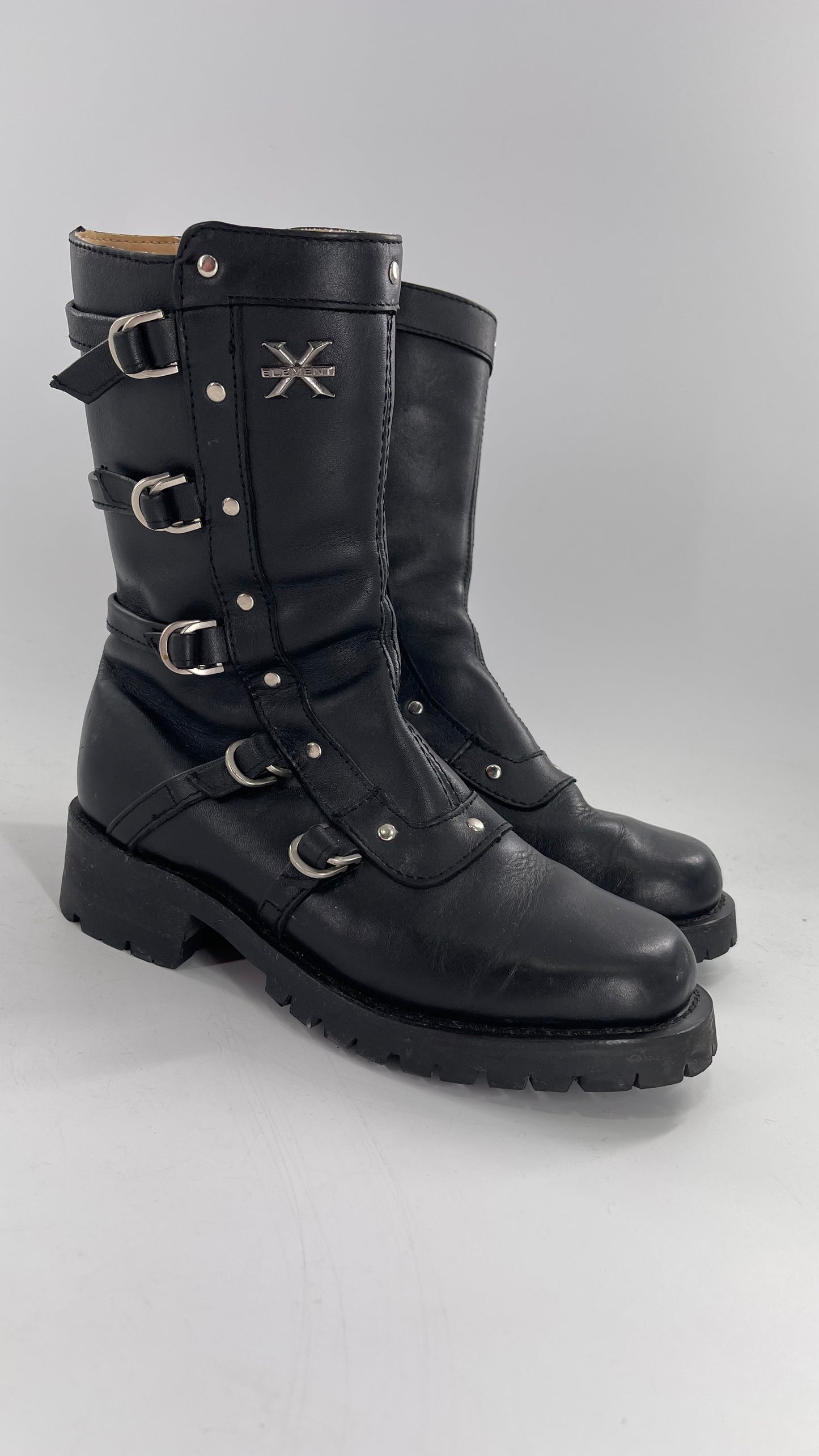 Vintage 1990s XELEMENT Buckle Side Genuine Leather Steam Punk Boots (Women’s 8.5)