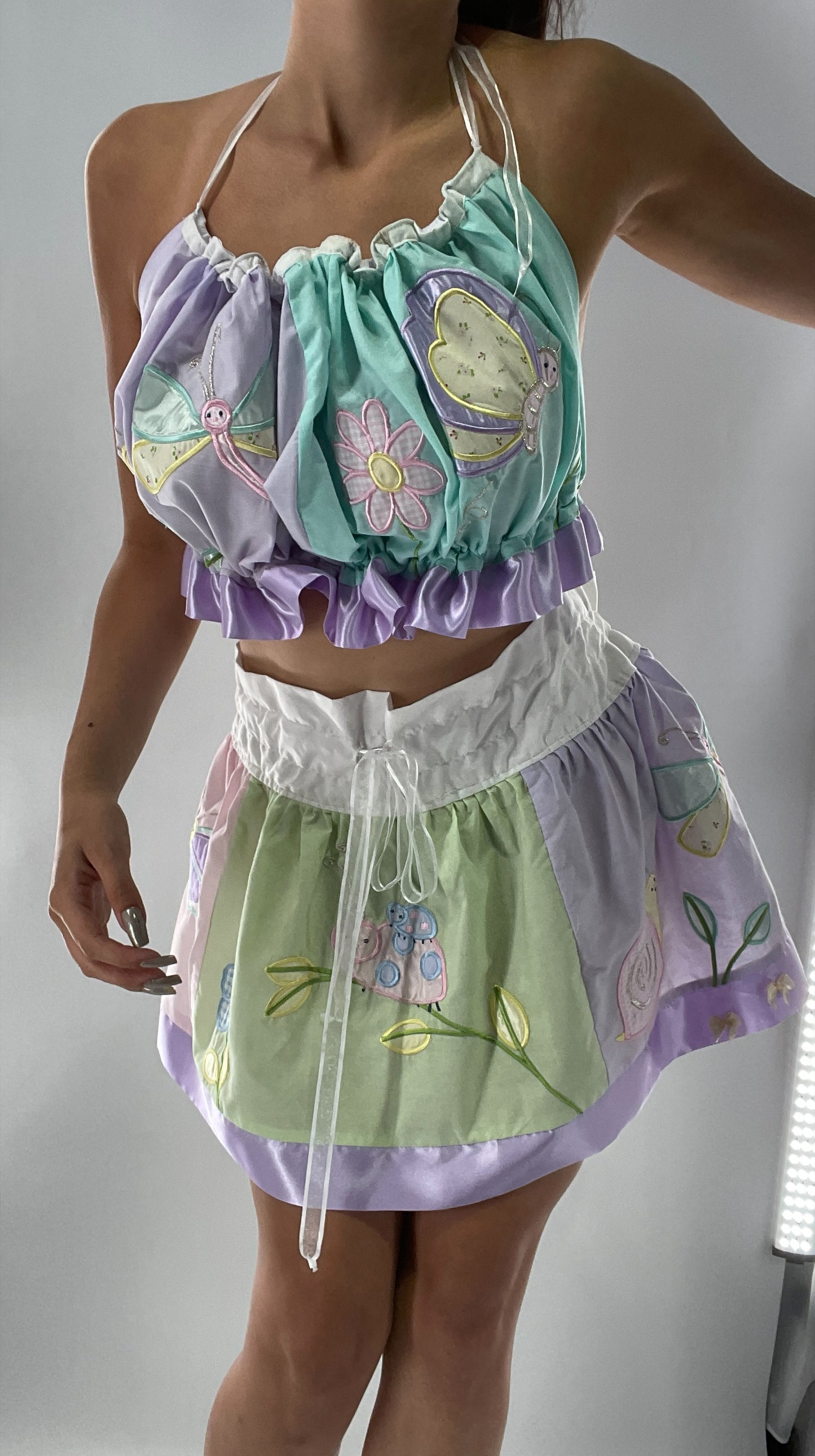 Vintage Custom 2piece Garden Gal Set Covered in Patchwork Butterflies, Dragonflies, Flowers, Snails and Pastels (One Size Fits Most)