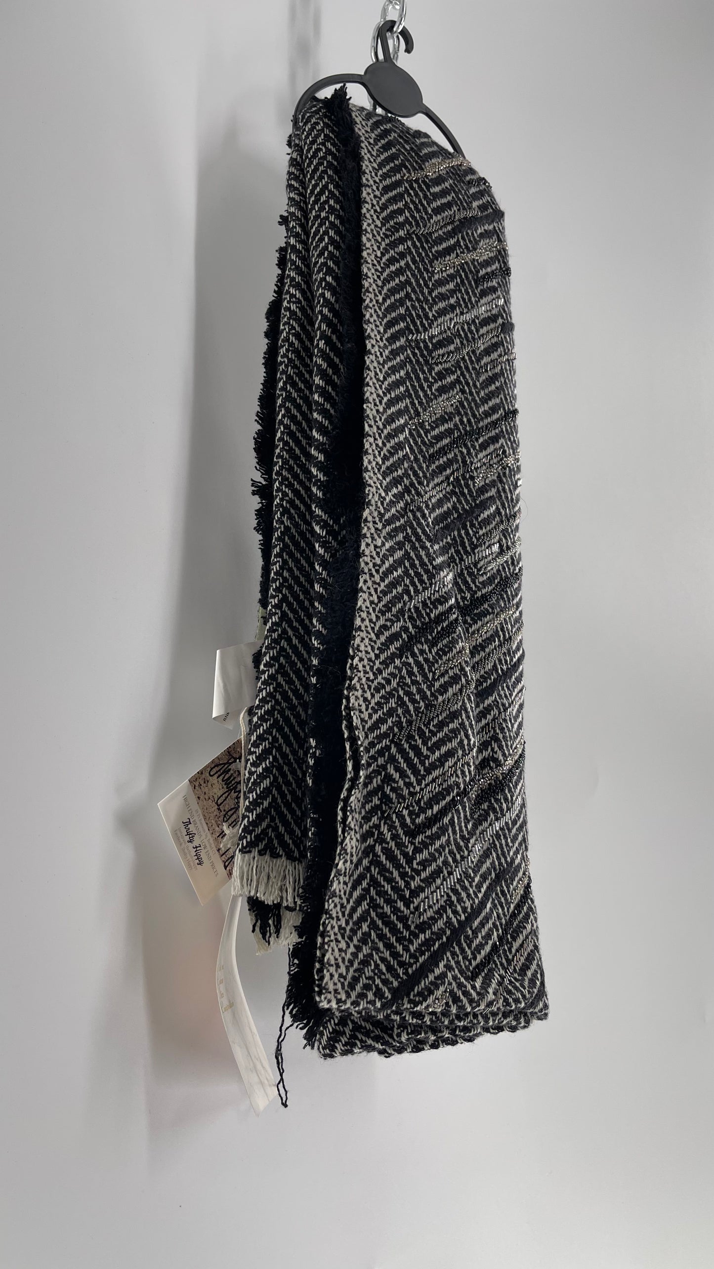 Anthropologie Pétanu Black and White 50% Cashmere 50% Silk Beaded Embellished Scarf with Tags Attached