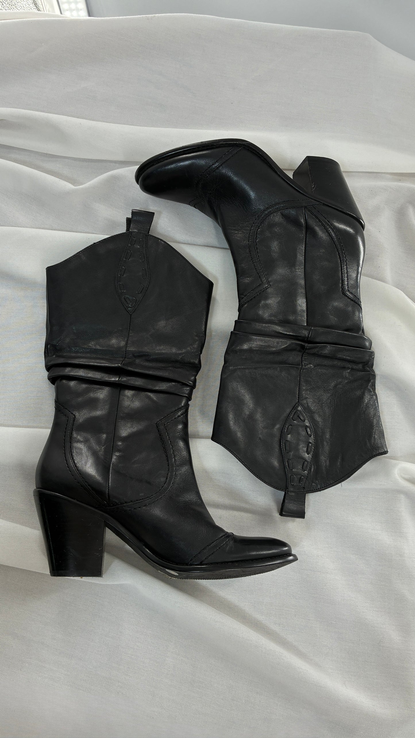 Vintage BCBG Black Genuine Leather Stacked Cowboy Boot (7.5)
