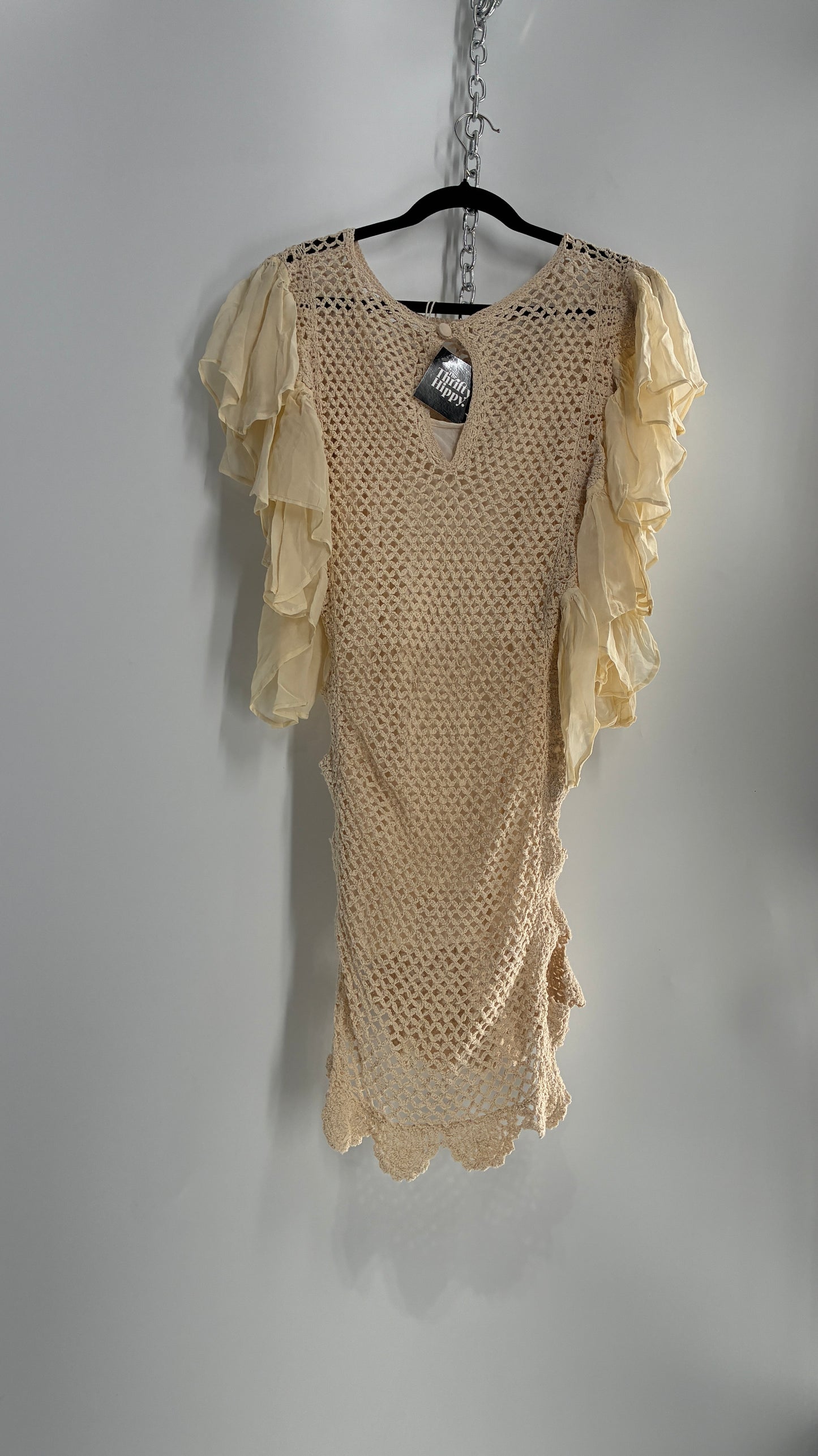 Free People Crochet Scalloped Open Side Dress with Ruffled Sleeve Details (S)