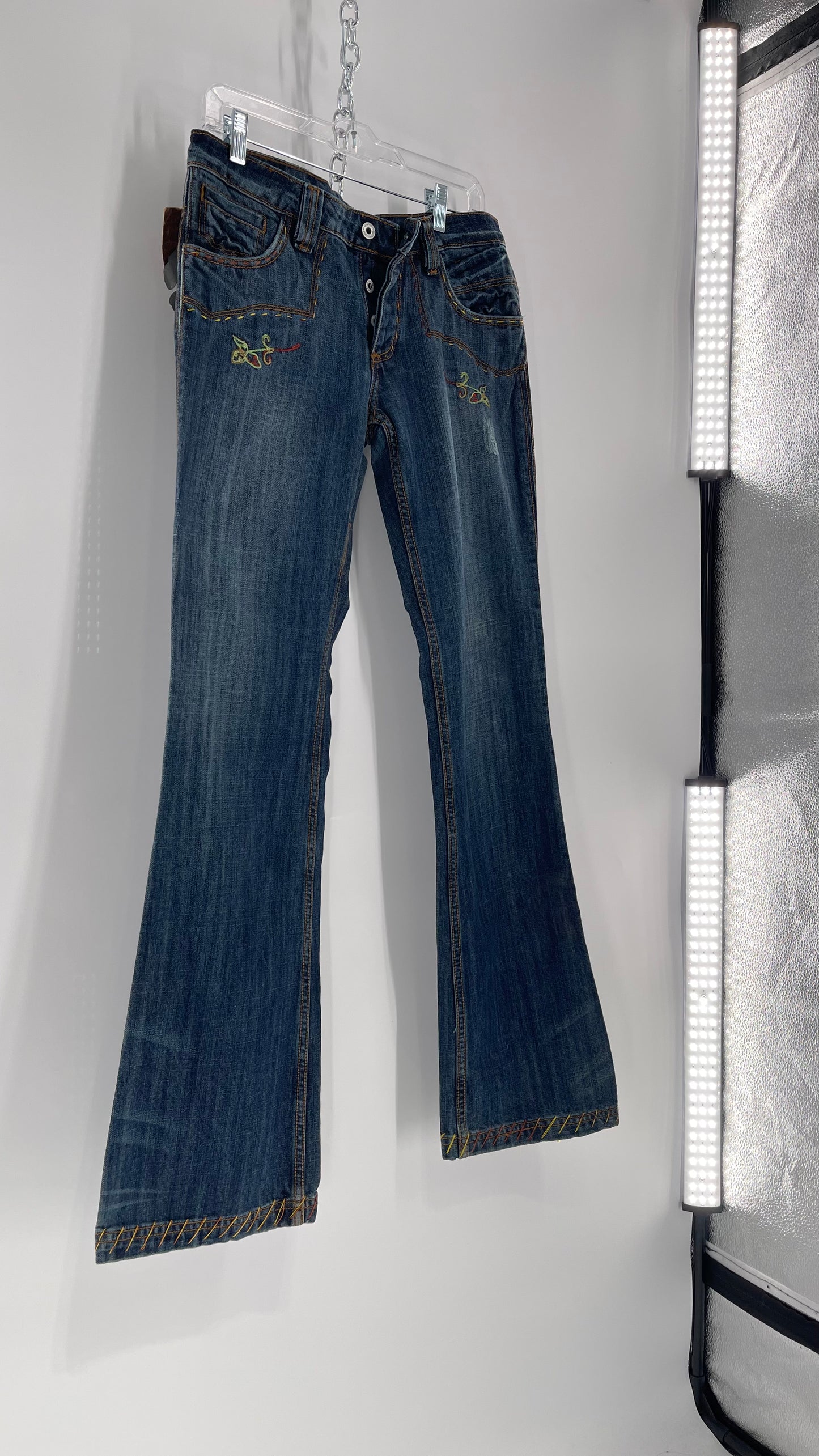 Vintage RARE Antik Denim Kick Flares with Embroidered Flower Design and Contrast Stitching (28)