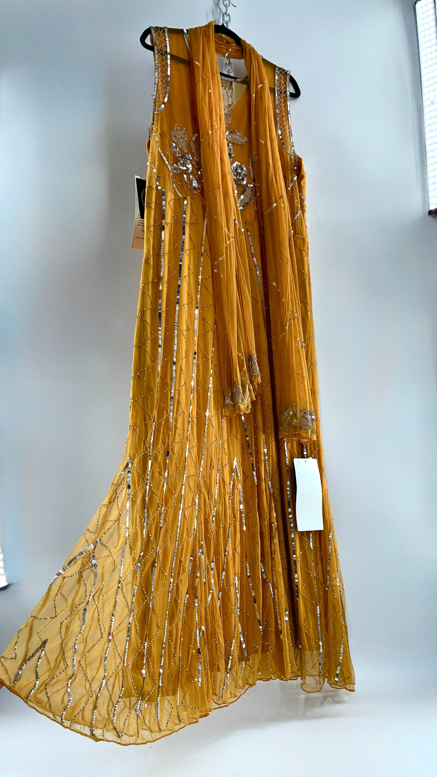 Deadstock Vintage ASHRO 1990s Mustard Yellow Dress with Sheer Back, Neck Scarf and Silver Beading (XXL)