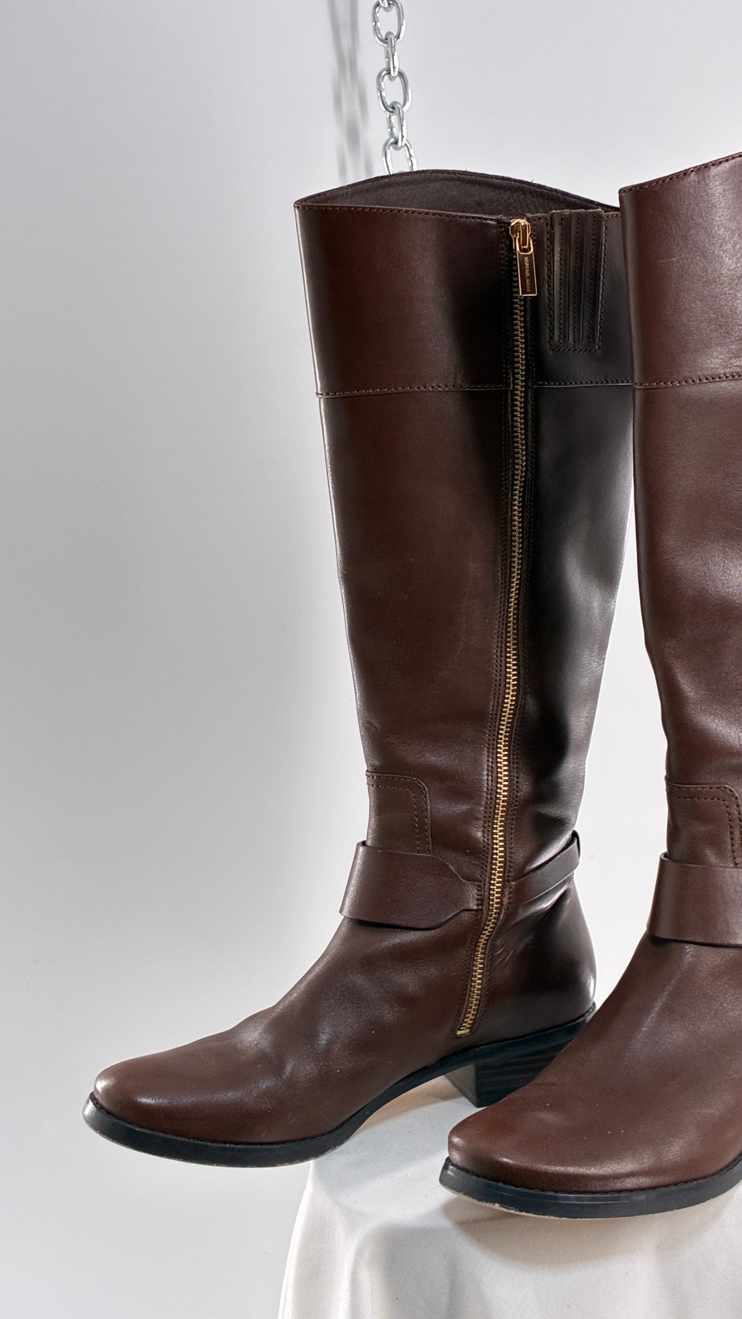 Vintage MICHAEL KORS Knee High Brown Genuine Leather Moto Boot with Gold Detailing (9)
