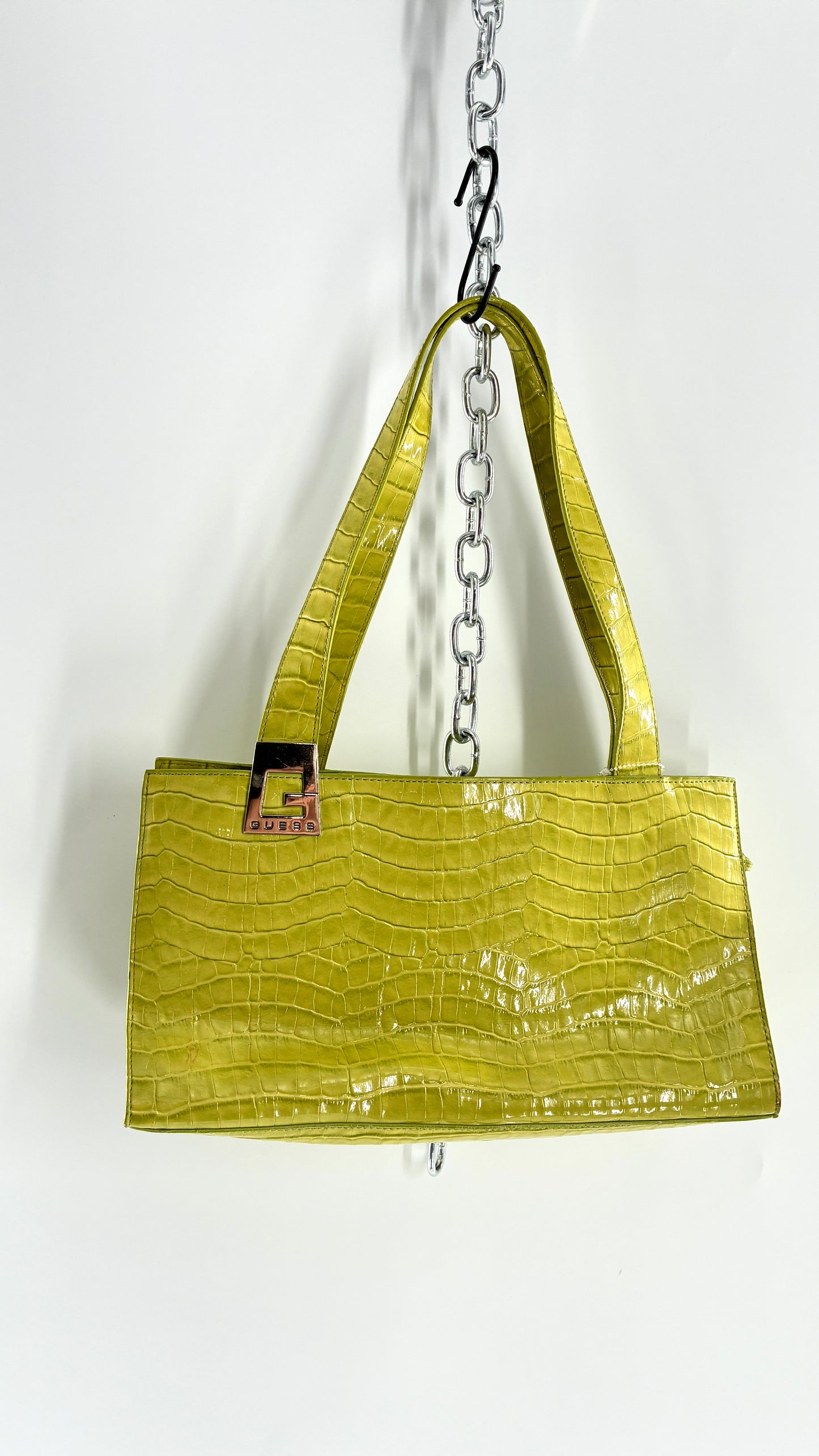 Vintage 1990s GUESS Lime Green Shoulder Purse with Metal Logo Buckle