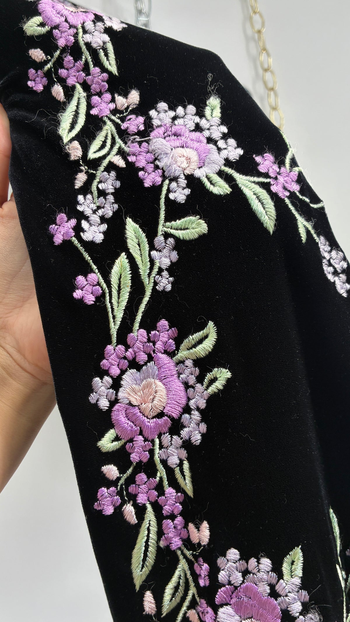 Vintage ROBERTA 1990s Black Velour Strapless Dress with Embroidered Flowers (Medium)