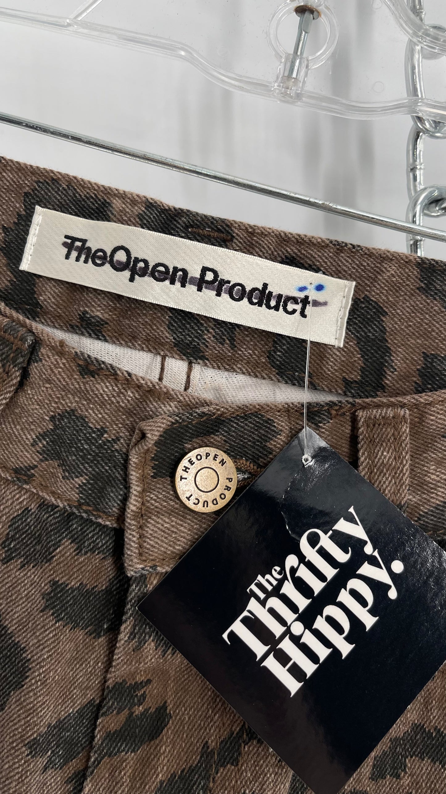 The Open Product Cheetah Print Brown Jeans with Buttons on Hem  (2)