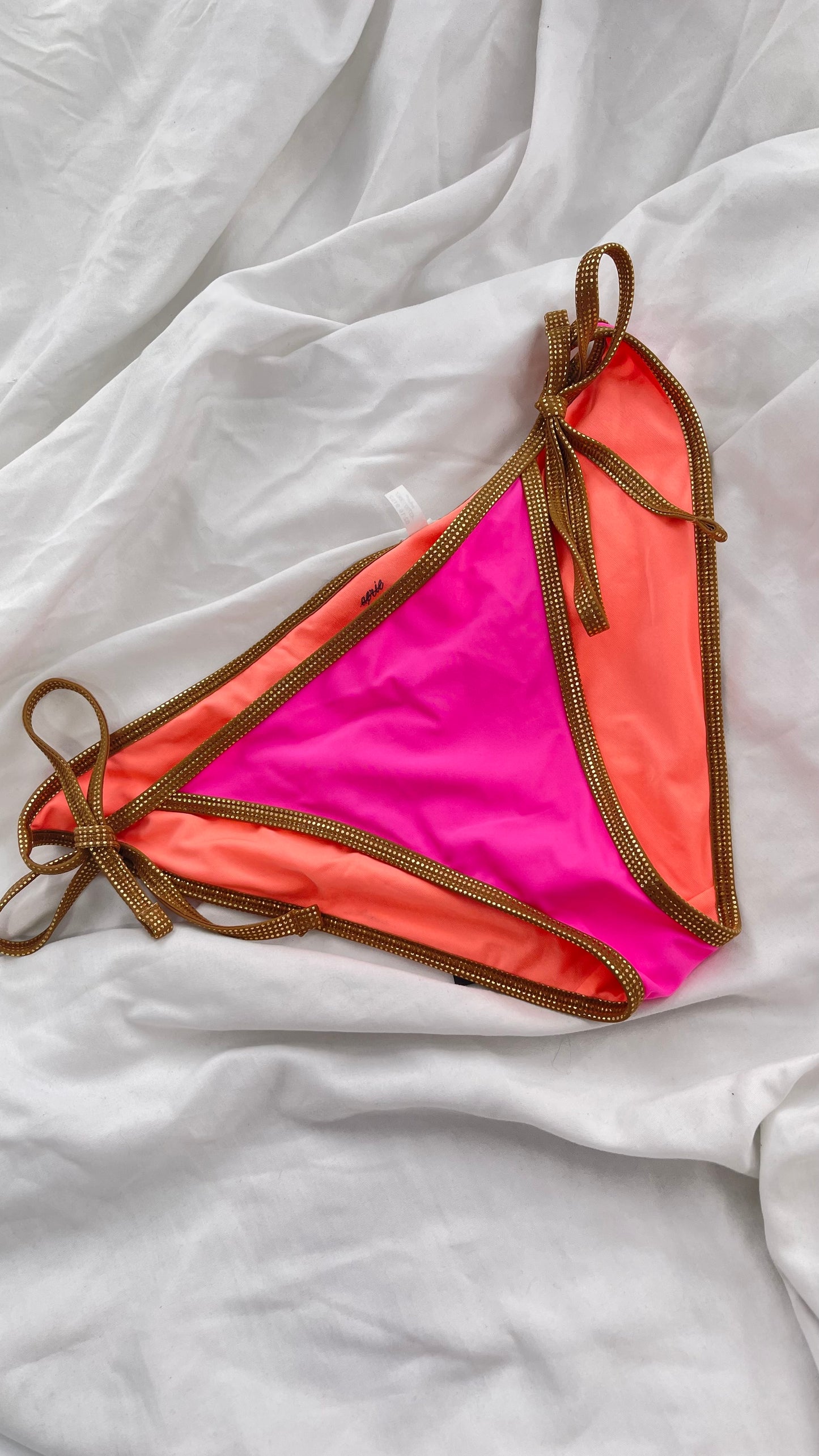 Deadstock Vintage Aerie Neon Pink and Orange Reversible Bikini Bottoms with Gold Metallic Trim (Large)