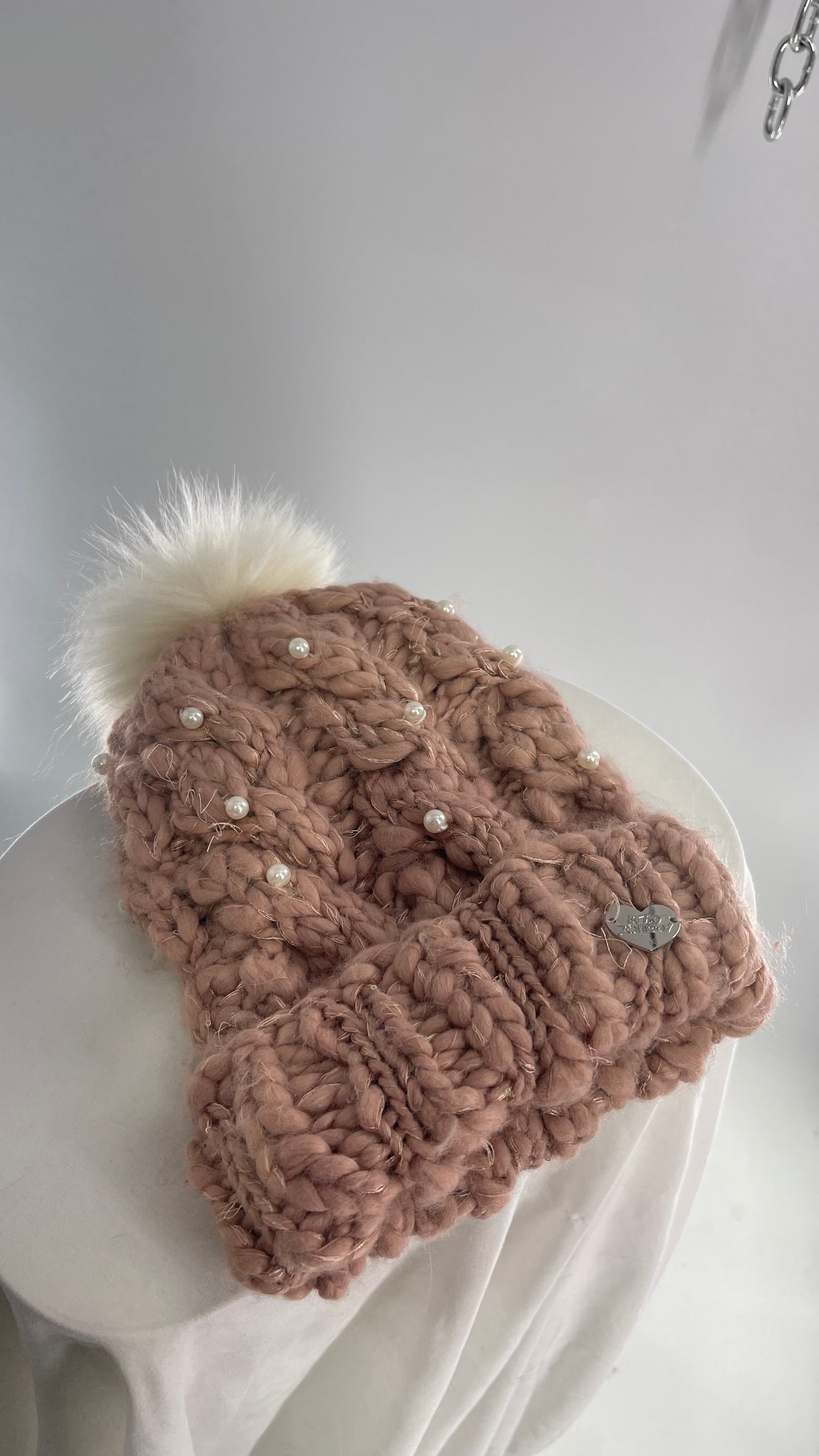 Betsy Johnson Pink Knit Pom Pom Pearl Beanie