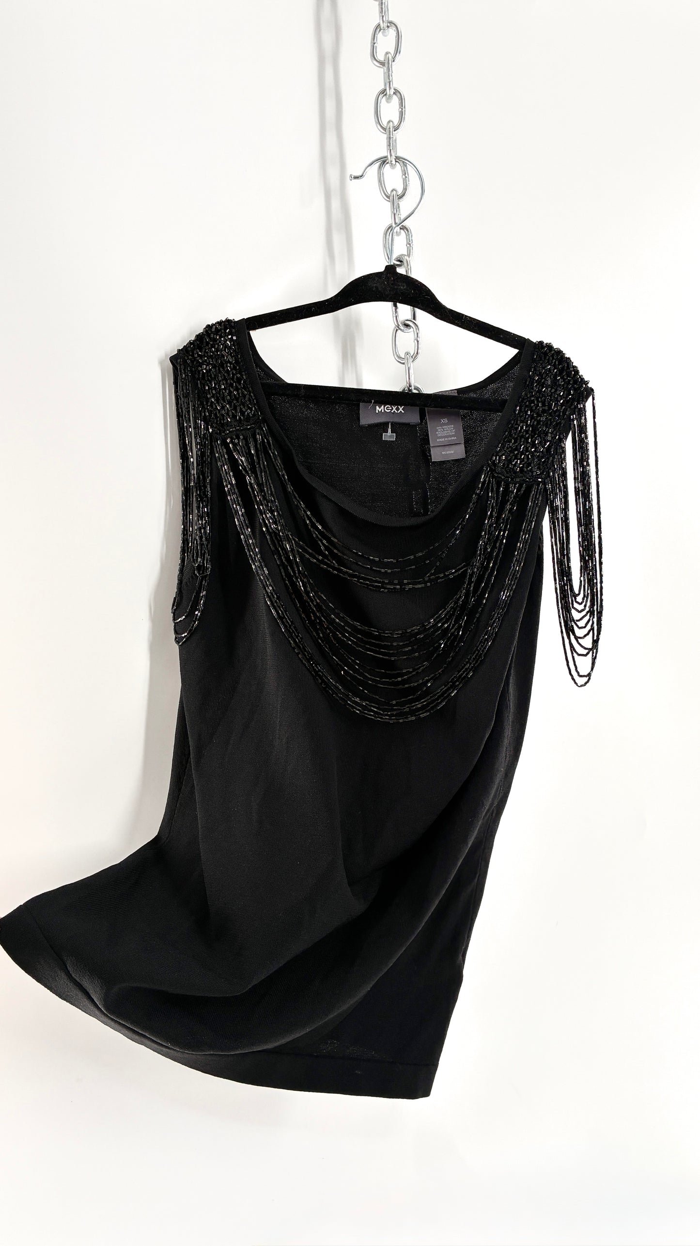 Vintage 1990s MEXX Black Thick Knit with Beaded Neck Detail and Draped Shoulders (XS)